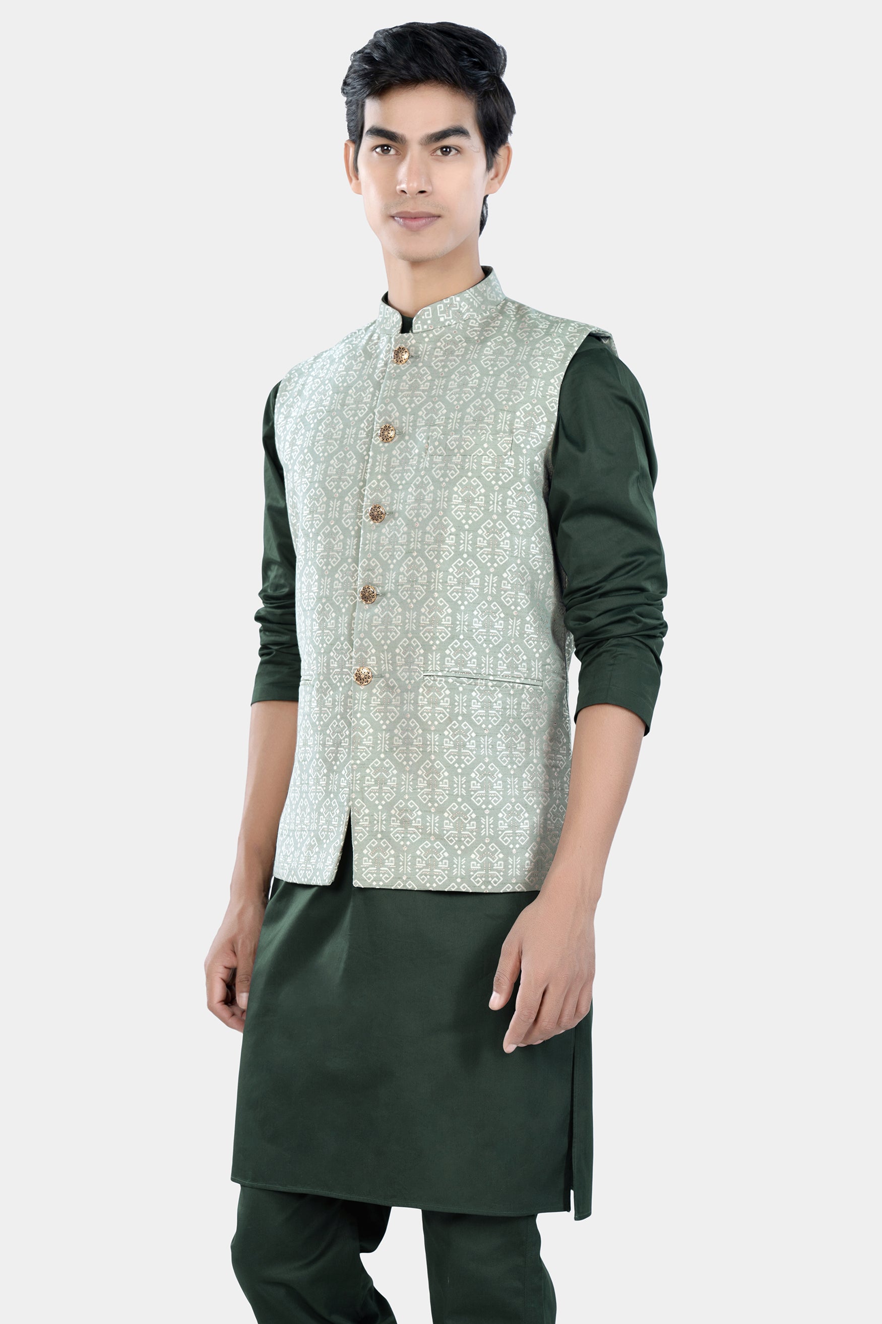 Timber Green Kurta Set with Pumice Green and White Jacquard Textured Designer Nehru Jacket KPNJ022-44, KPNJ022-46, KPNJ022-48, KPNJ022-50, KPNJ022-52, KPNJ022-54, KPNJ022-56, KPNJ022-58, KPNJ022-60