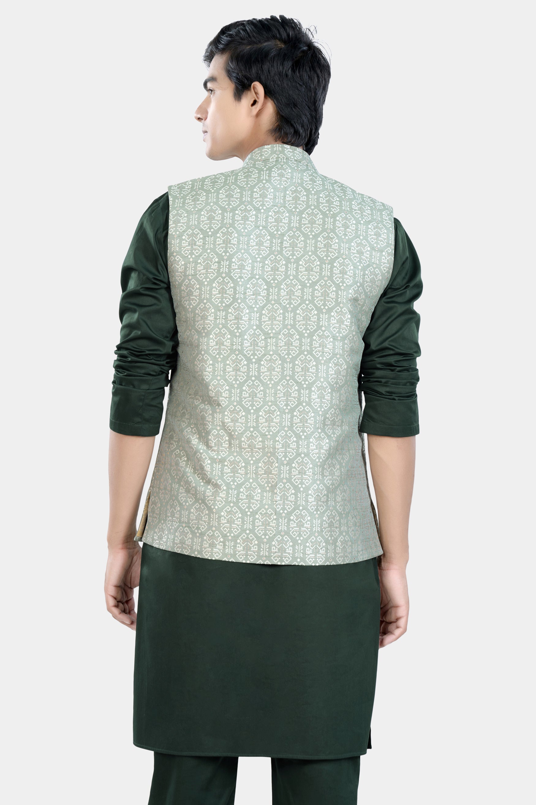 Timber Green Kurta Set with Pumice Green and White Jacquard Textured Designer Nehru Jacket KPNJ022-44, KPNJ022-46, KPNJ022-48, KPNJ022-50, KPNJ022-52, KPNJ022-54, KPNJ022-56, KPNJ022-58, KPNJ022-60