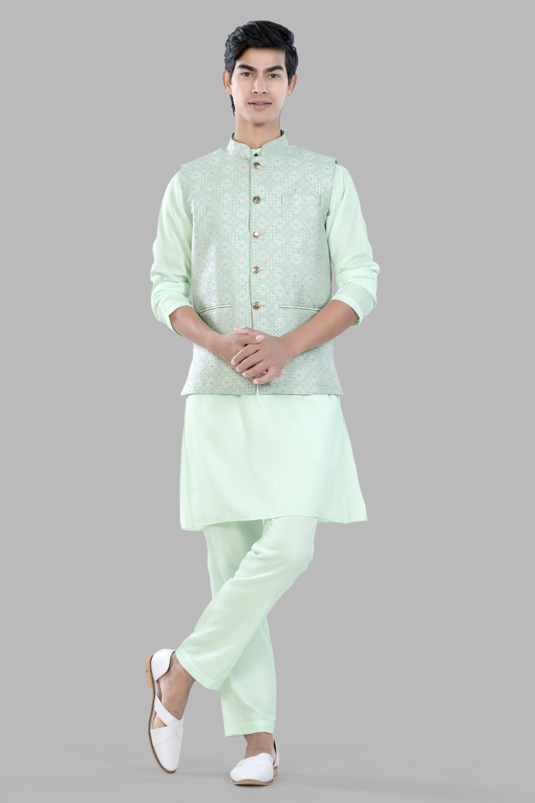 Periglacial Green Kurta Set with Opal Green and White Moroccan Jacquard Textured Designer Nehru Jacket KPNJ023-44,  KPNJ023-46,  KPNJ023-48,  KPNJ023-50,  KPNJ023-52,  KPNJ023-54,  KPNJ023-56,  KPNJ023-58,  KPNJ023-60