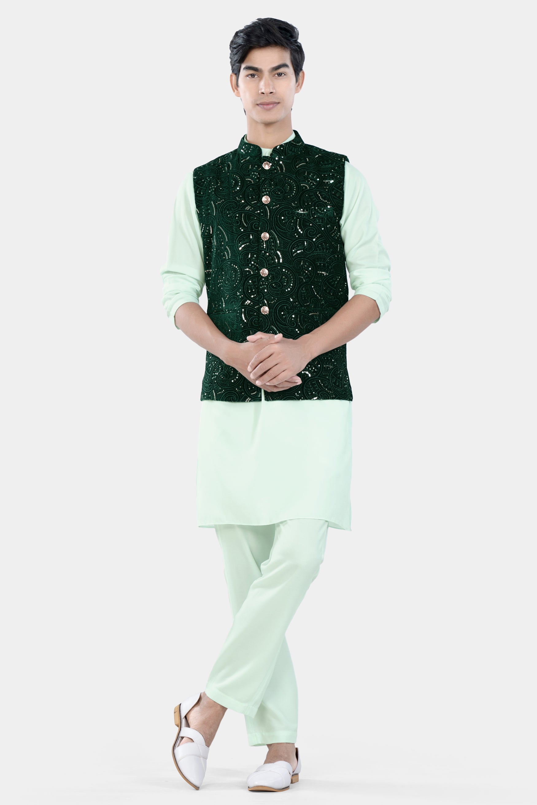 Periglacial Green Kurta Set with Palm and Jewel Green Sequin and Thread Embroidered Designer Nehru Jacket KPNJ024-44,  KPNJ024-46,  KPNJ024-48,  KPNJ024-50,  KPNJ024-52,  KPNJ024-54,  KPNJ024-56,  KPNJ024-58,  KPNJ024-60