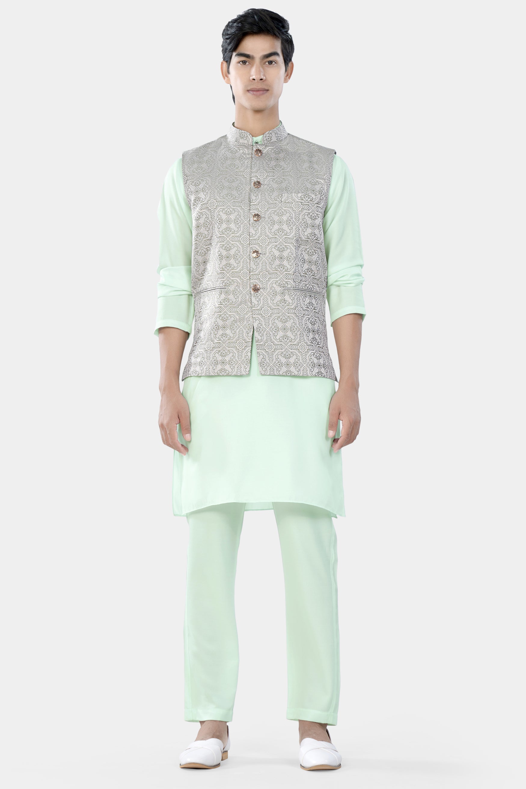 Periglacial Green Kurta Set with Gainsboro Gray and Sage Green Geometric Jacquard Textured Designer Nehru Jacket KPNJ025-44,  KPNJ025-46,  KPNJ025-48,  KPNJ025-50,  KPNJ025-52,  KPNJ025-54,  KPNJ025-56,  KPNJ025-58,  KPNJ025-60