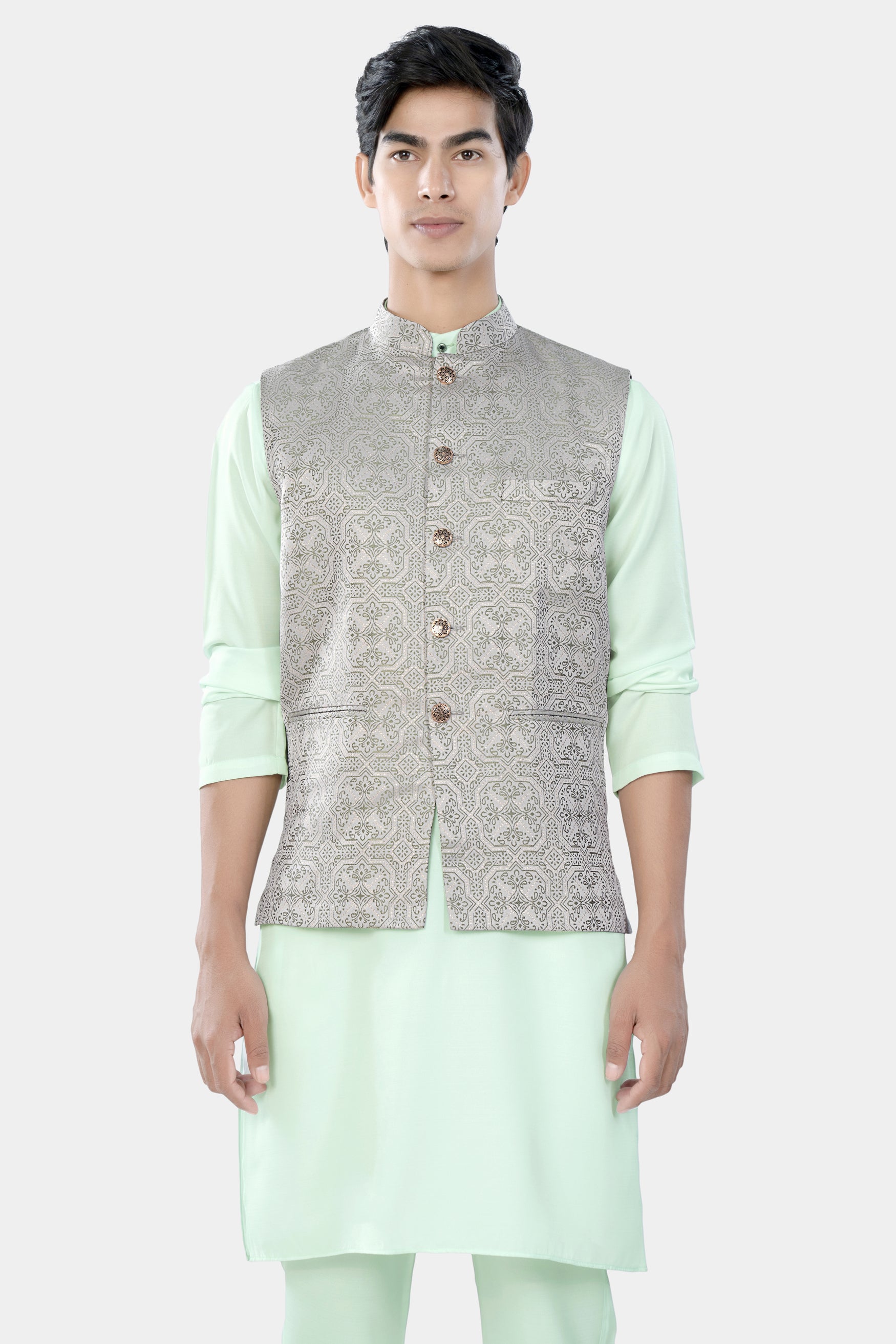 Periglacial Green Kurta Set with Gainsboro Gray and Sage Green Geometric Jacquard Textured Designer Nehru Jacket KPNJ025-44, KPNJ025-46, KPNJ025-48, KPNJ025-50, KPNJ025-52, KPNJ025-54, KPNJ025-56, KPNJ025-58, KPNJ025-60