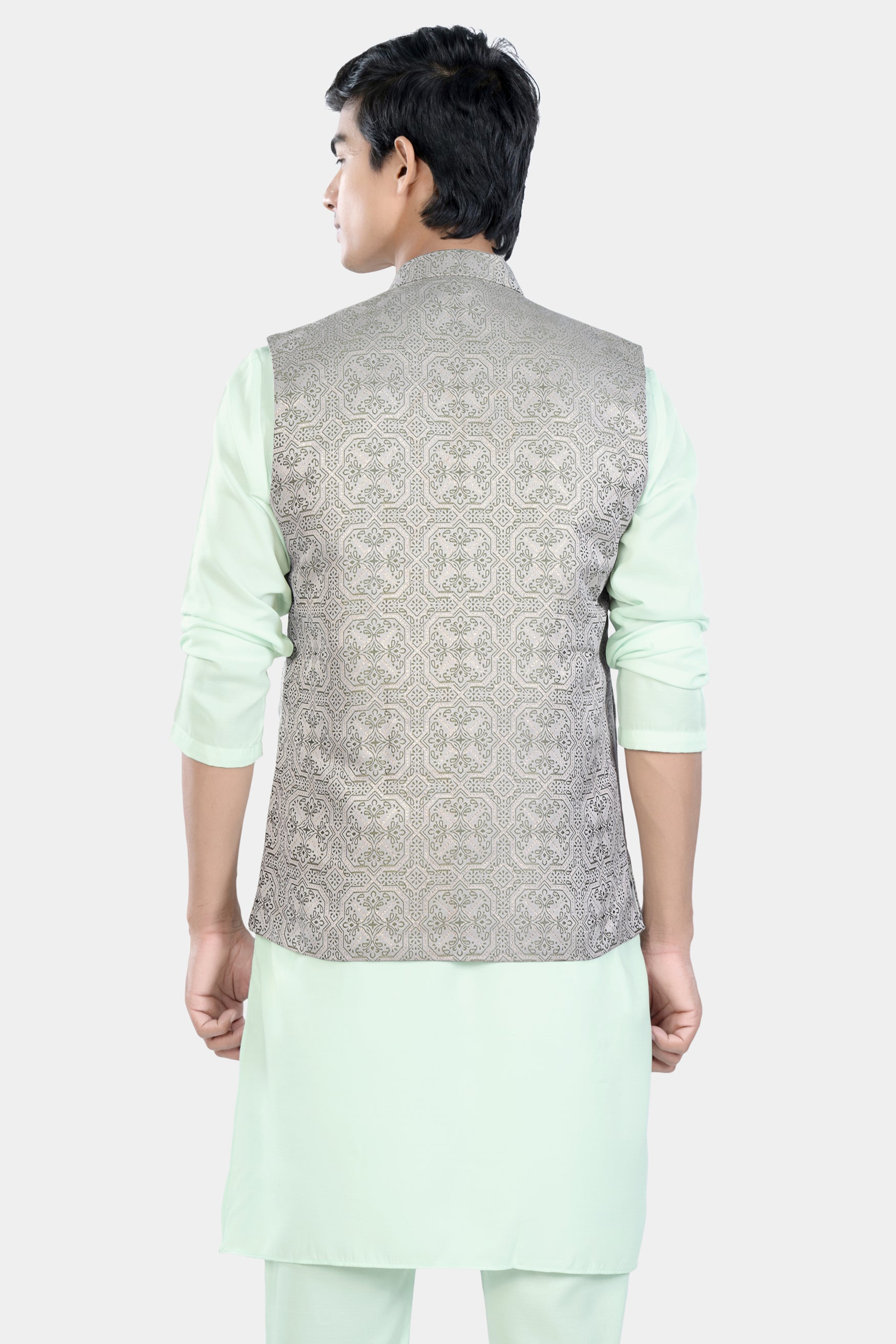 Periglacial Green Kurta Set with Gainsboro Gray and Sage Green Geometric Jacquard Textured Designer Nehru Jacket KPNJ025-44, KPNJ025-46, KPNJ025-48, KPNJ025-50, KPNJ025-52, KPNJ025-54, KPNJ025-56, KPNJ025-58, KPNJ025-60
