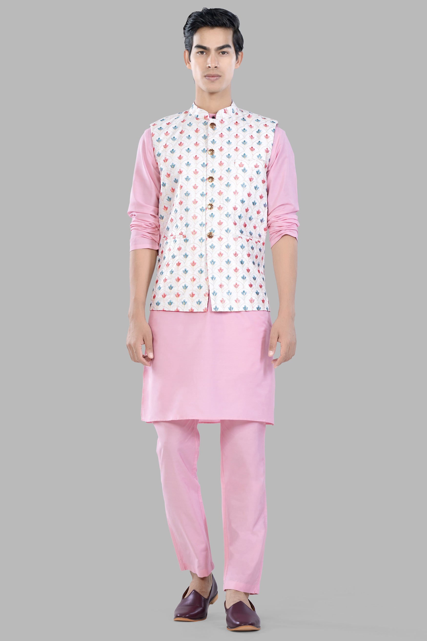 Azalea Pink Kurta Set with Bright White and Carnation Pink Leaves Thread Embroidered Designer Nehru Jacket KPNJ035-44,  KPNJ035-46,  KPNJ035-48,  KPNJ035-50,  KPNJ035-52,  KPNJ035-54,  KPNJ035-56,  KPNJ035-58,  KPNJ035-60