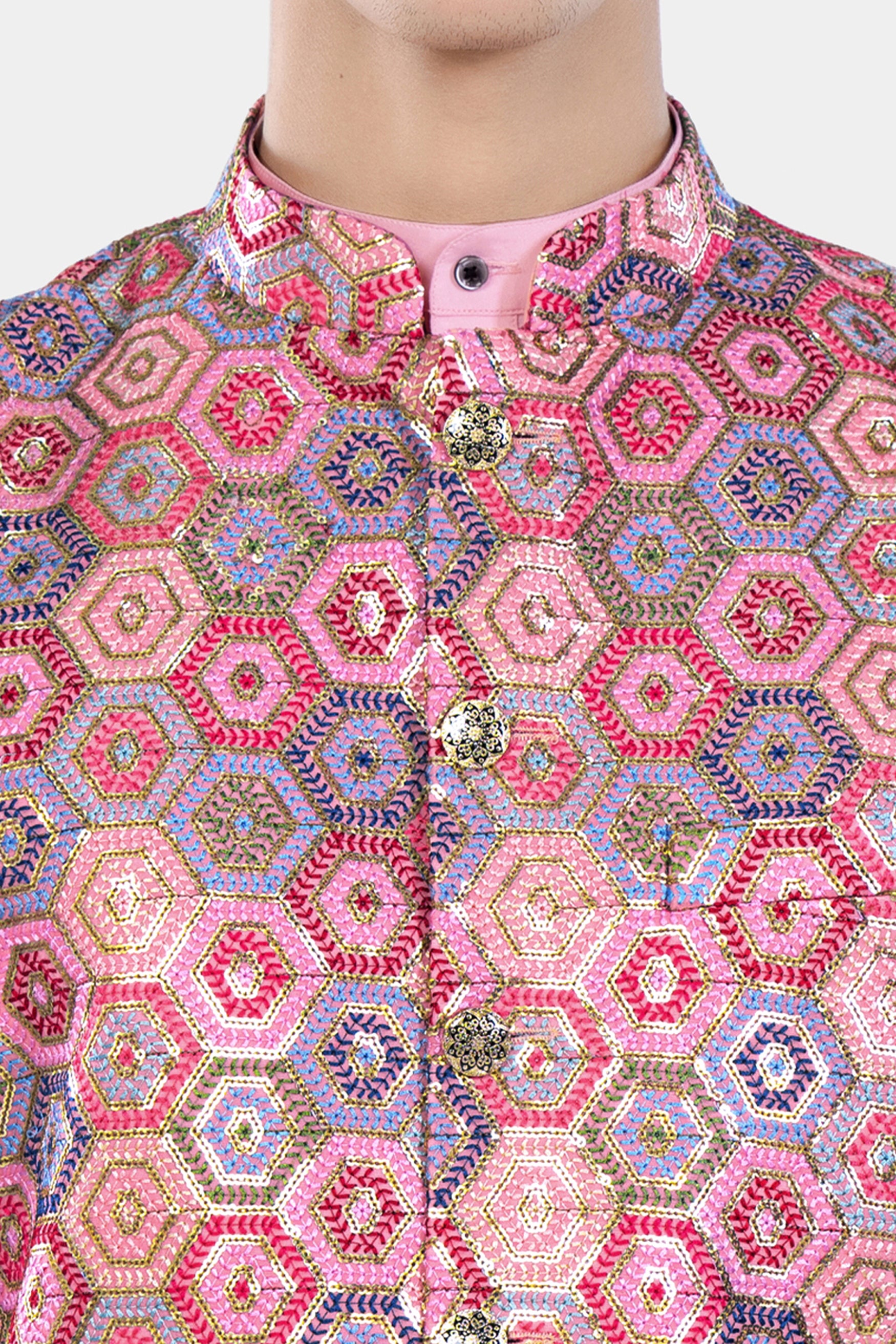 Azalea Pink Kurta Set with Radical Pink and Rhino Blue Multicolour Honeycomb Sequin and Thread Embroidered Designer Nehru Jacket KPNJ036-44, KPNJ036-46, KPNJ036-48, KPNJ036-50, KPNJ036-52, KPNJ036-54, KPNJ036-56, KPNJ036-58, KPNJ036-60