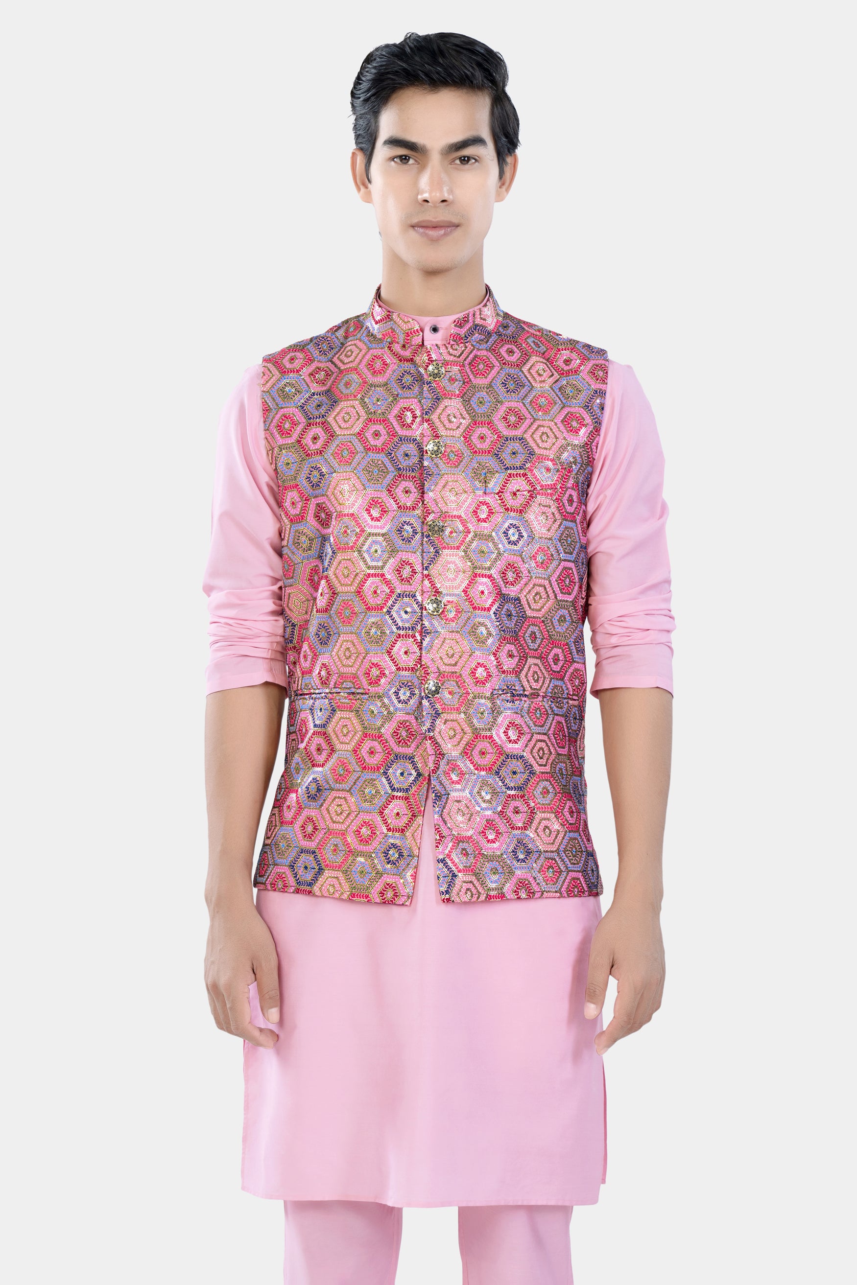Azalea Pink Kurta Set with Radical Pink and Rhino Blue Multicolour Honeycomb Sequin and Thread Embroidered Designer Nehru Jacket KPNJ036-44, KPNJ036-46, KPNJ036-48, KPNJ036-50, KPNJ036-52, KPNJ036-54, KPNJ036-56, KPNJ036-58, KPNJ036-60