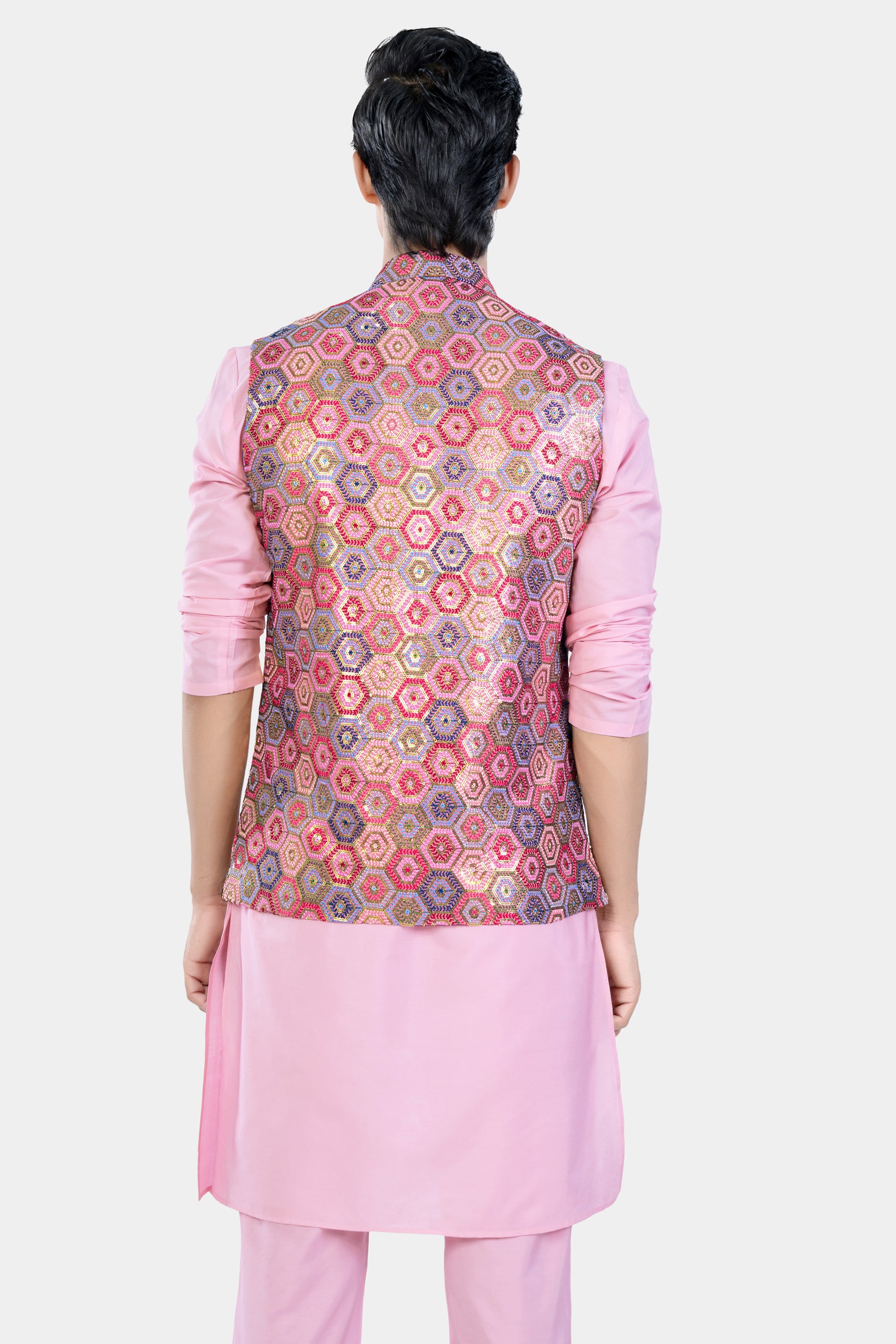 Azalea Pink Kurta Set with Radical Pink and Rhino Blue Multicolour Honeycomb Sequin and Thread Embroidered Designer Nehru Jacket KPNJ036-44, KPNJ036-46, KPNJ036-48, KPNJ036-50, KPNJ036-52, KPNJ036-54, KPNJ036-56, KPNJ036-58, KPNJ036-60