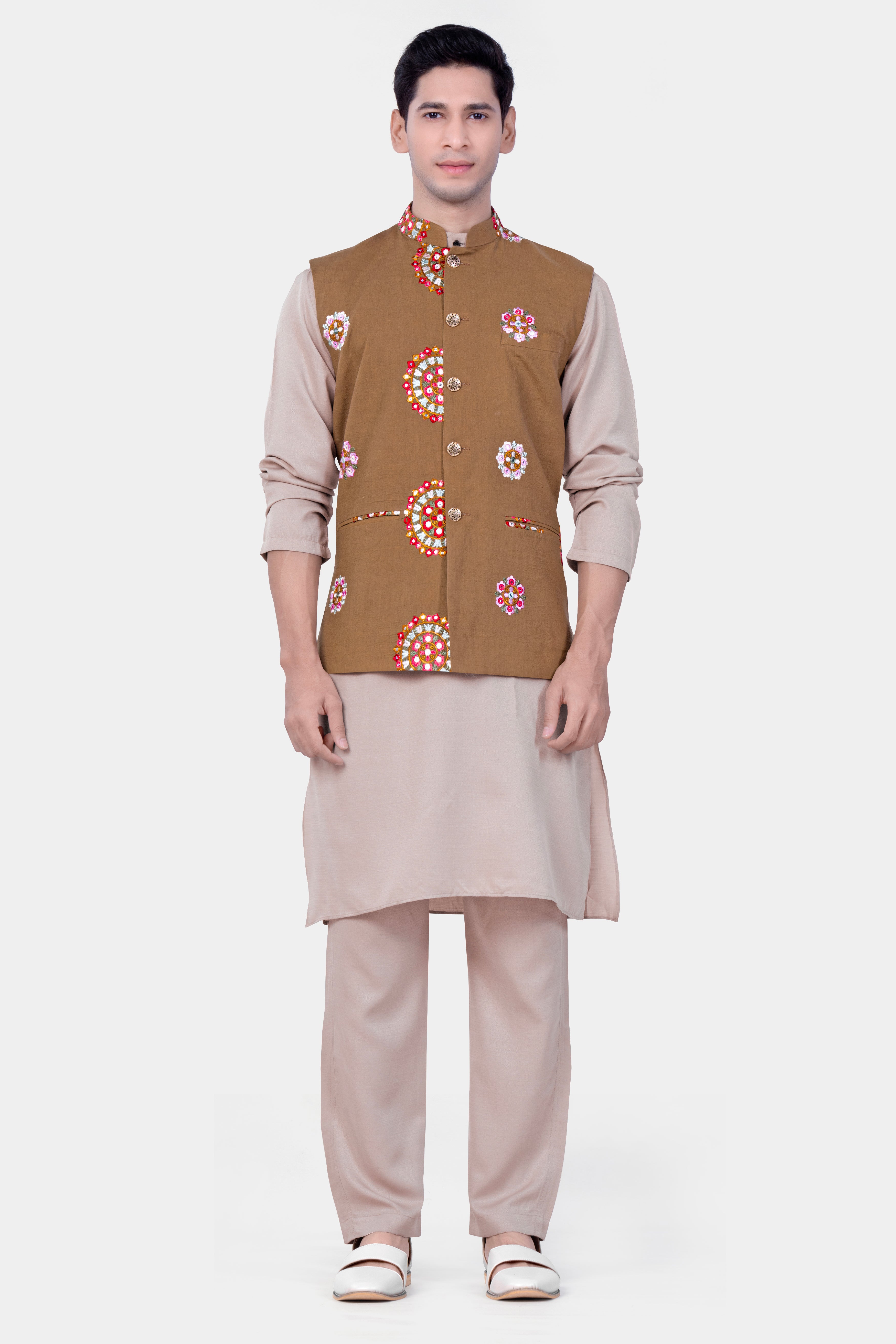 Martini Brown Kurta Set With Spicy Mix Brown With Shisha work Embroidered Nehru Jacket