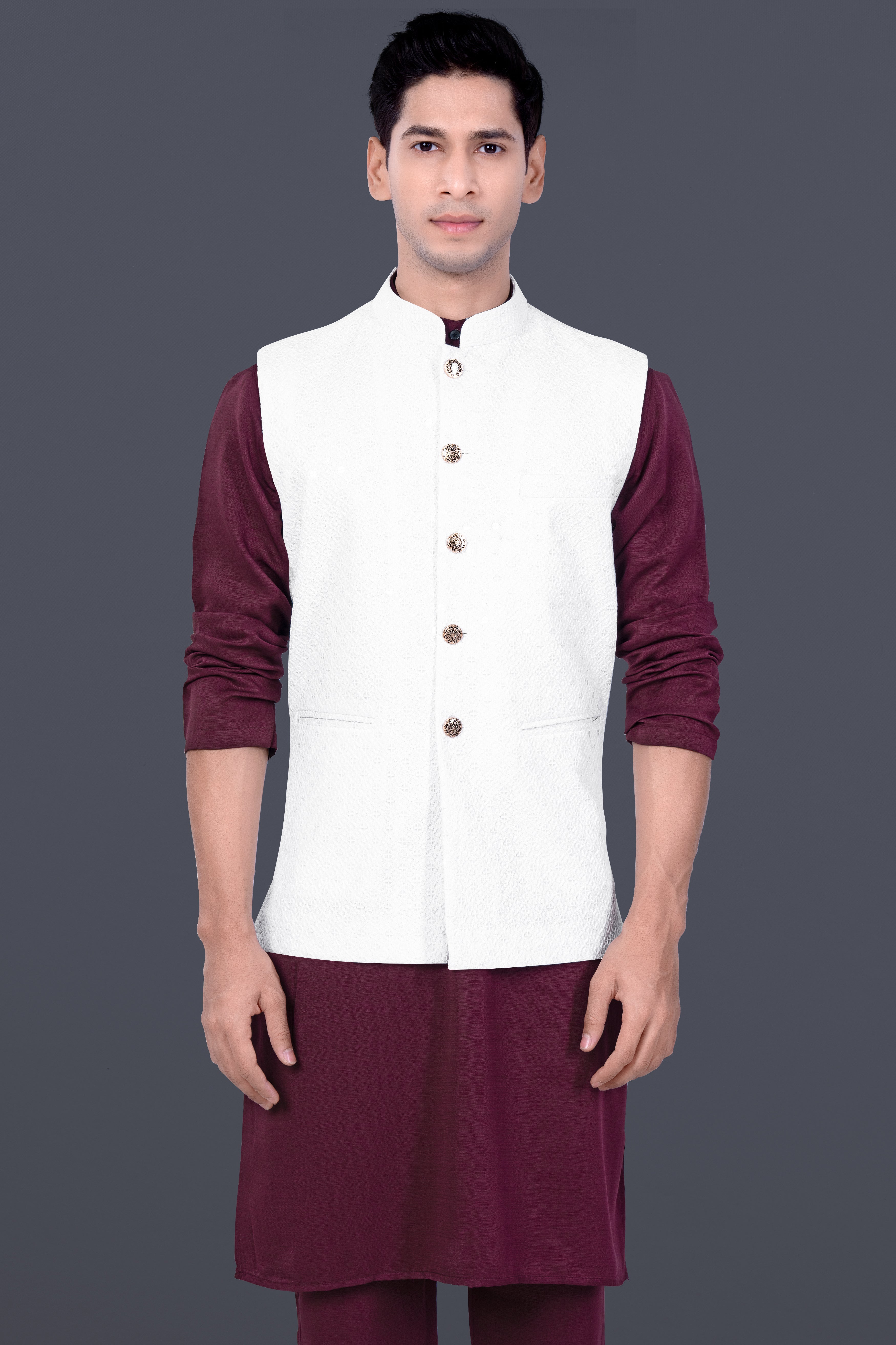 Aubergine Maroon Kurta Set With Bright White Sequin And Thread Embroidered Nehru Jacket