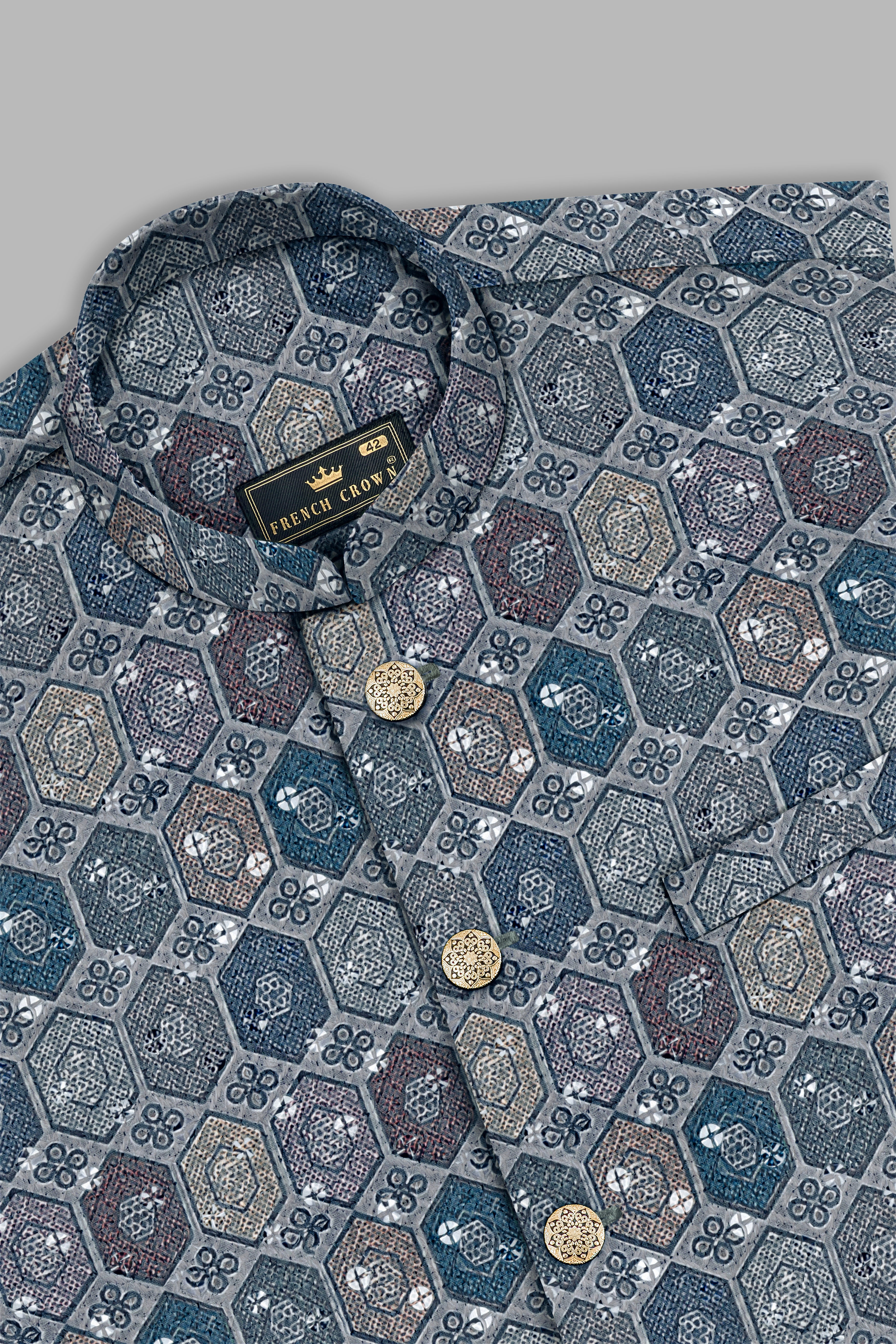 Timber Green Kurta Set With Tuna Blue And Gunsmoke Gray Multicolour Embroidered Nehru Jacket