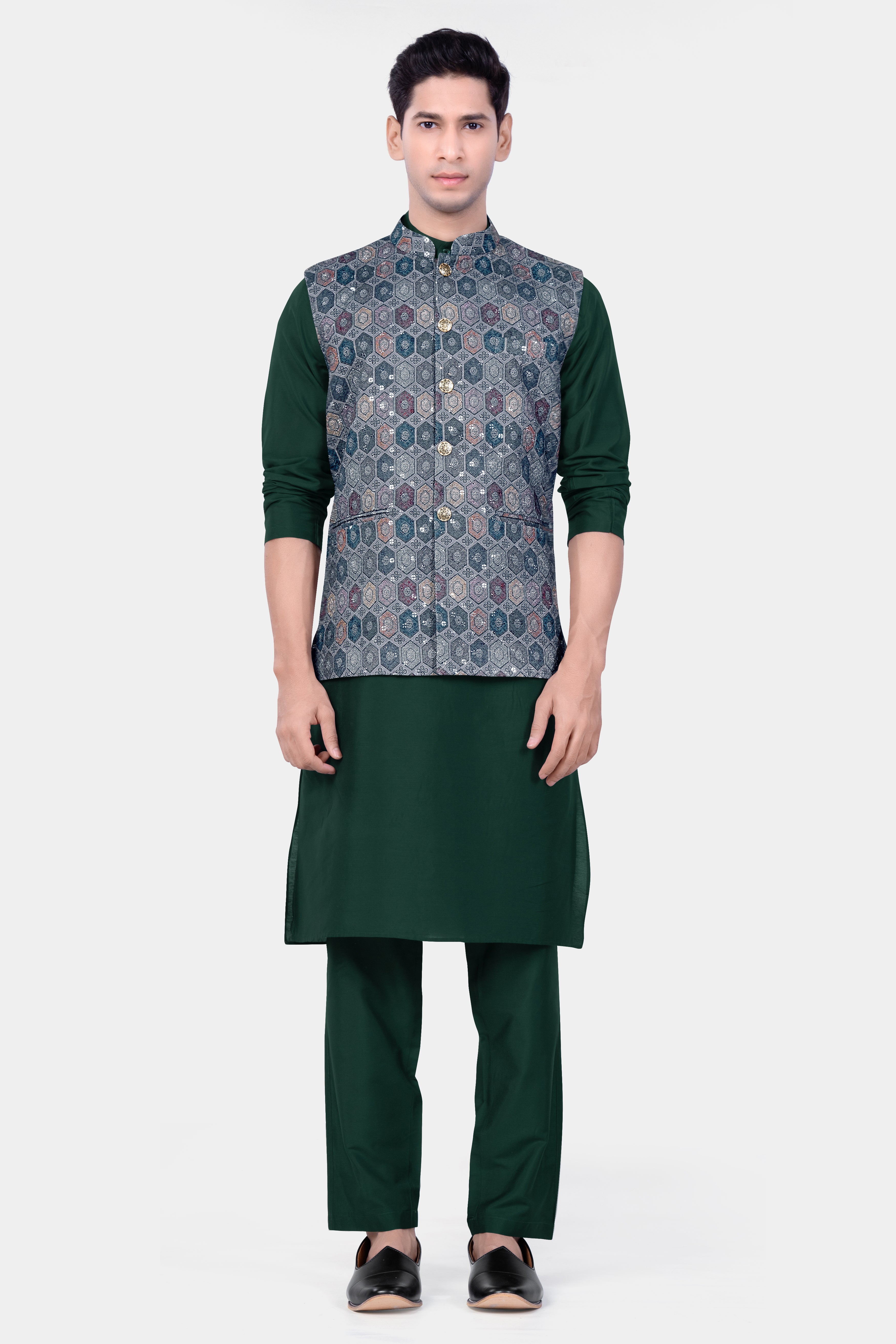 Timber Green Kurta Set With Tuna Blue And Gunsmoke Gray Multicolour Embroidered Nehru Jacket