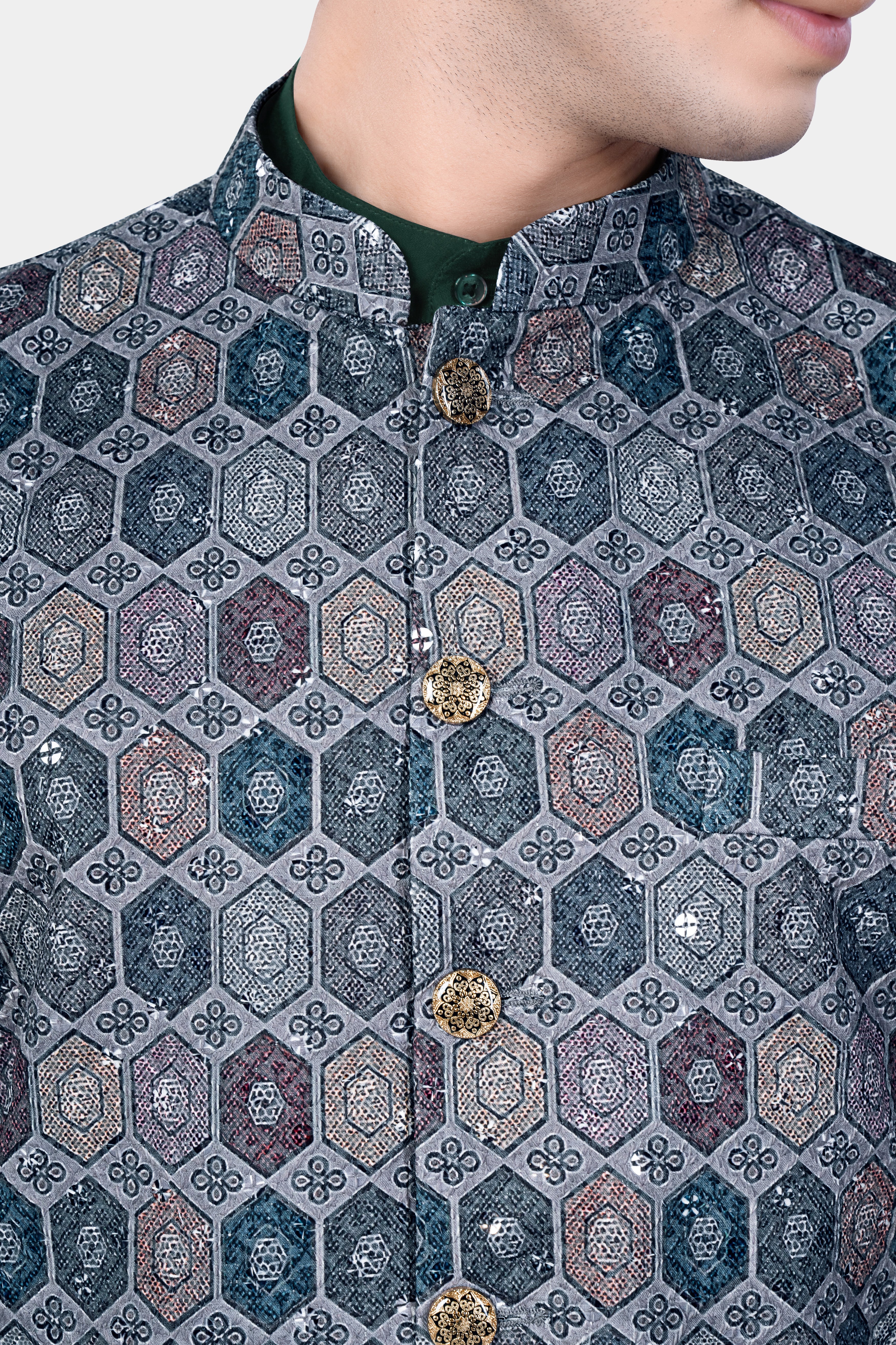 Timber Green Kurta Set With Tuna Blue And Gunsmoke Gray Multicolour Embroidered Nehru Jacket