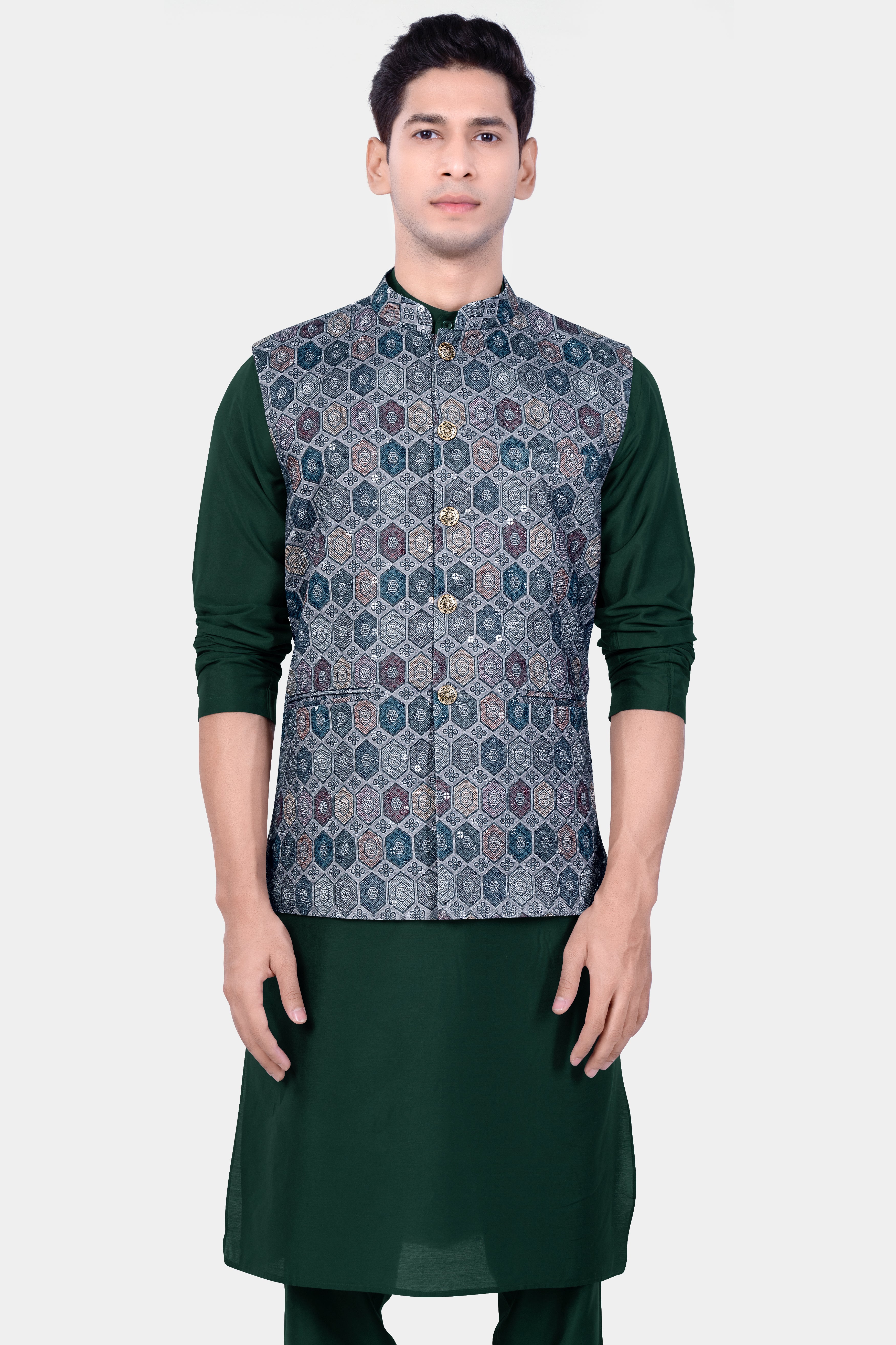 Timber Green Kurta Set With Tuna Blue And Gunsmoke Gray Multicolour Embroidered Nehru Jacket