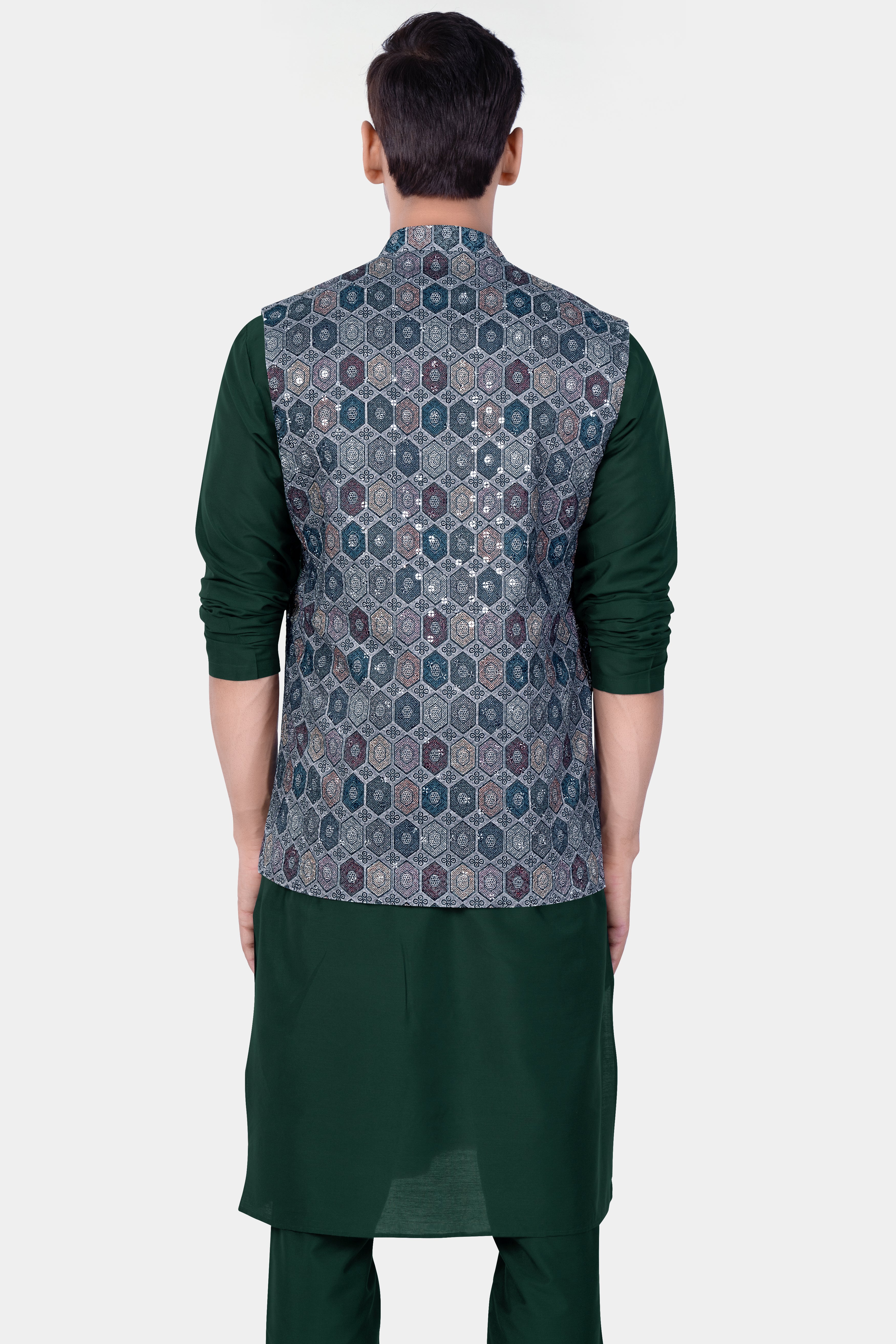 Timber Green Kurta Set With Tuna Blue And Gunsmoke Gray Multicolour Embroidered Nehru Jacket
