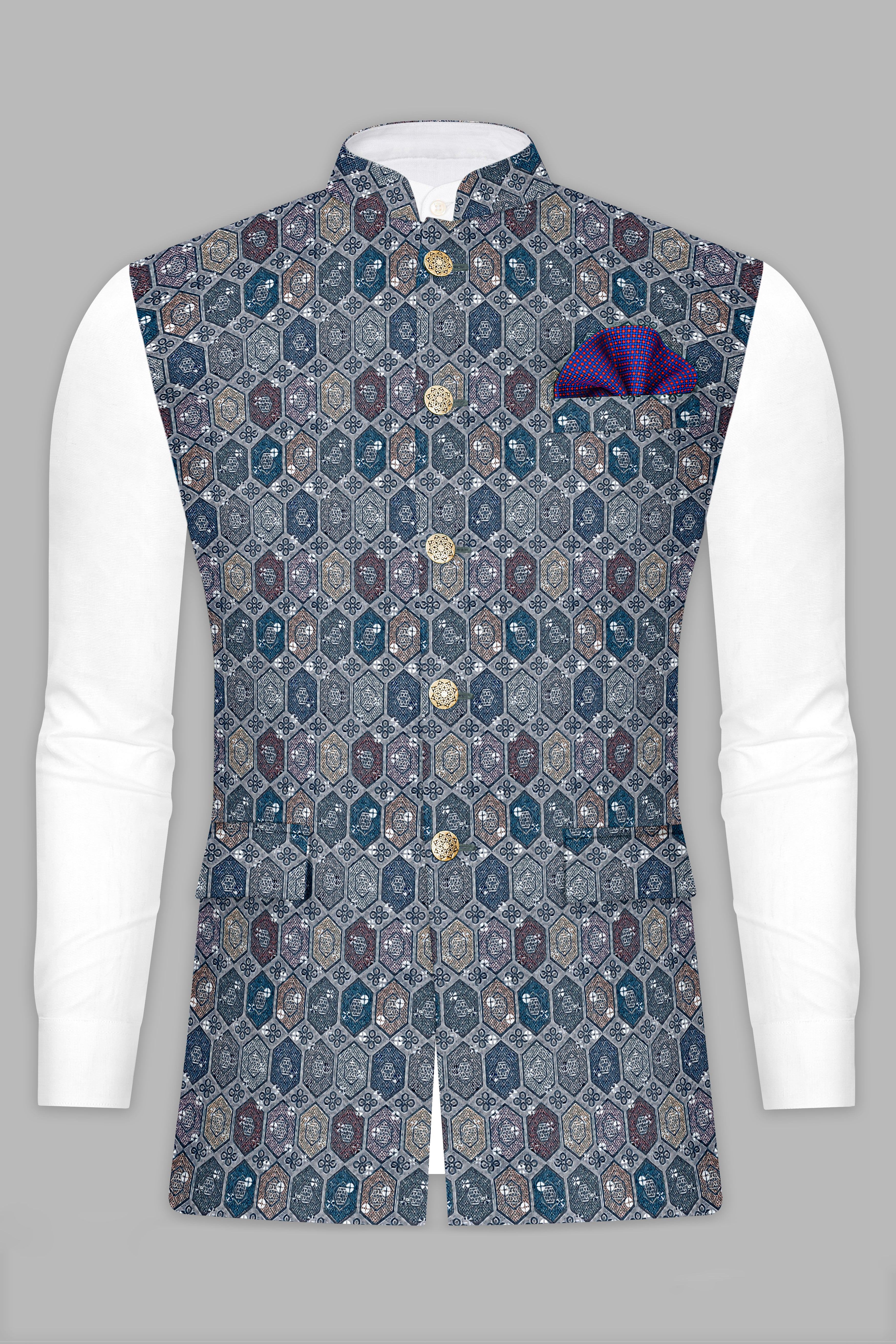 Timber Green Kurta Set With Tuna Blue And Gunsmoke Gray Multicolour Embroidered Nehru Jacket