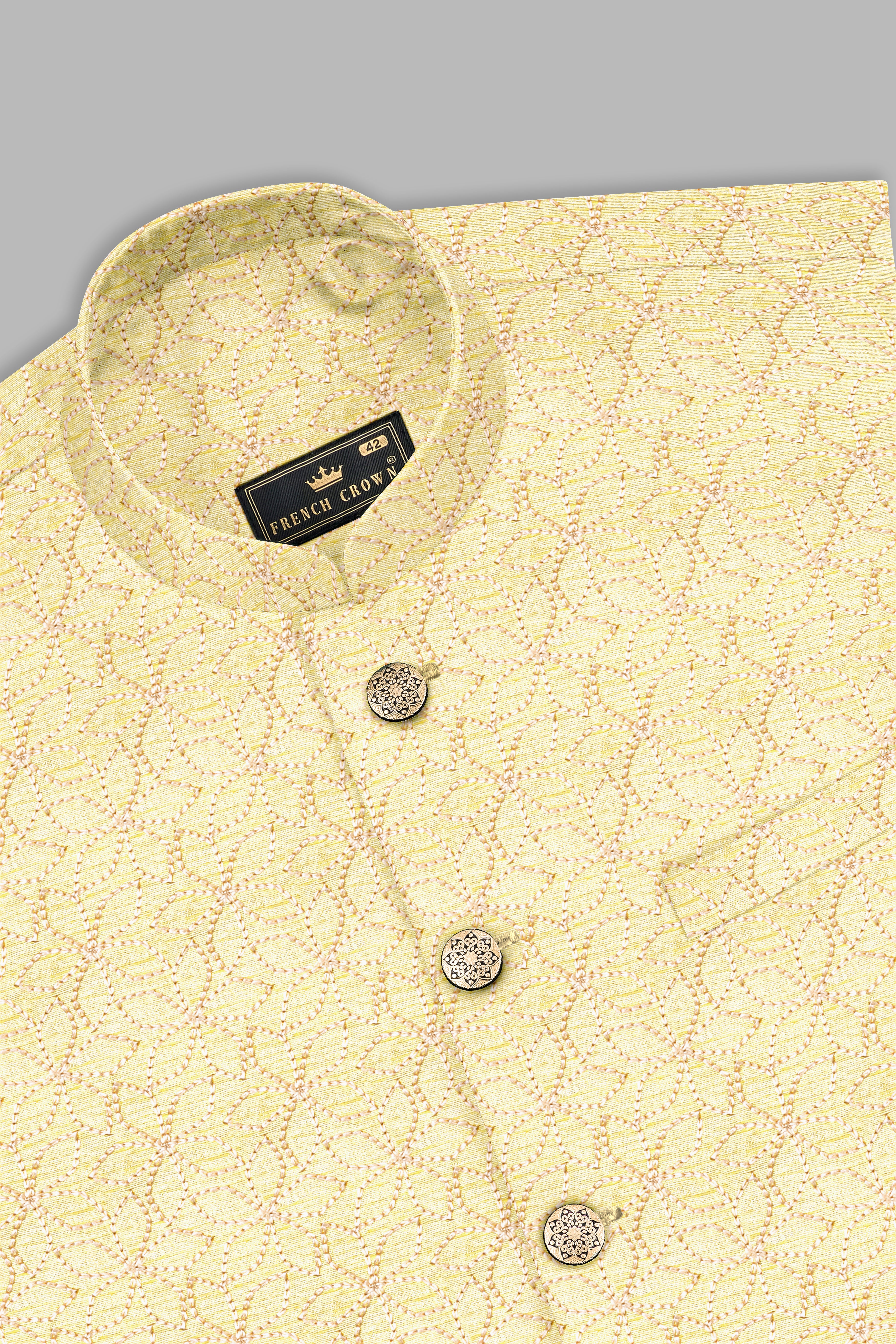 Hampton Yellow Kurta Set With Blond Yellow Flower Embroidered Nehru Jacket