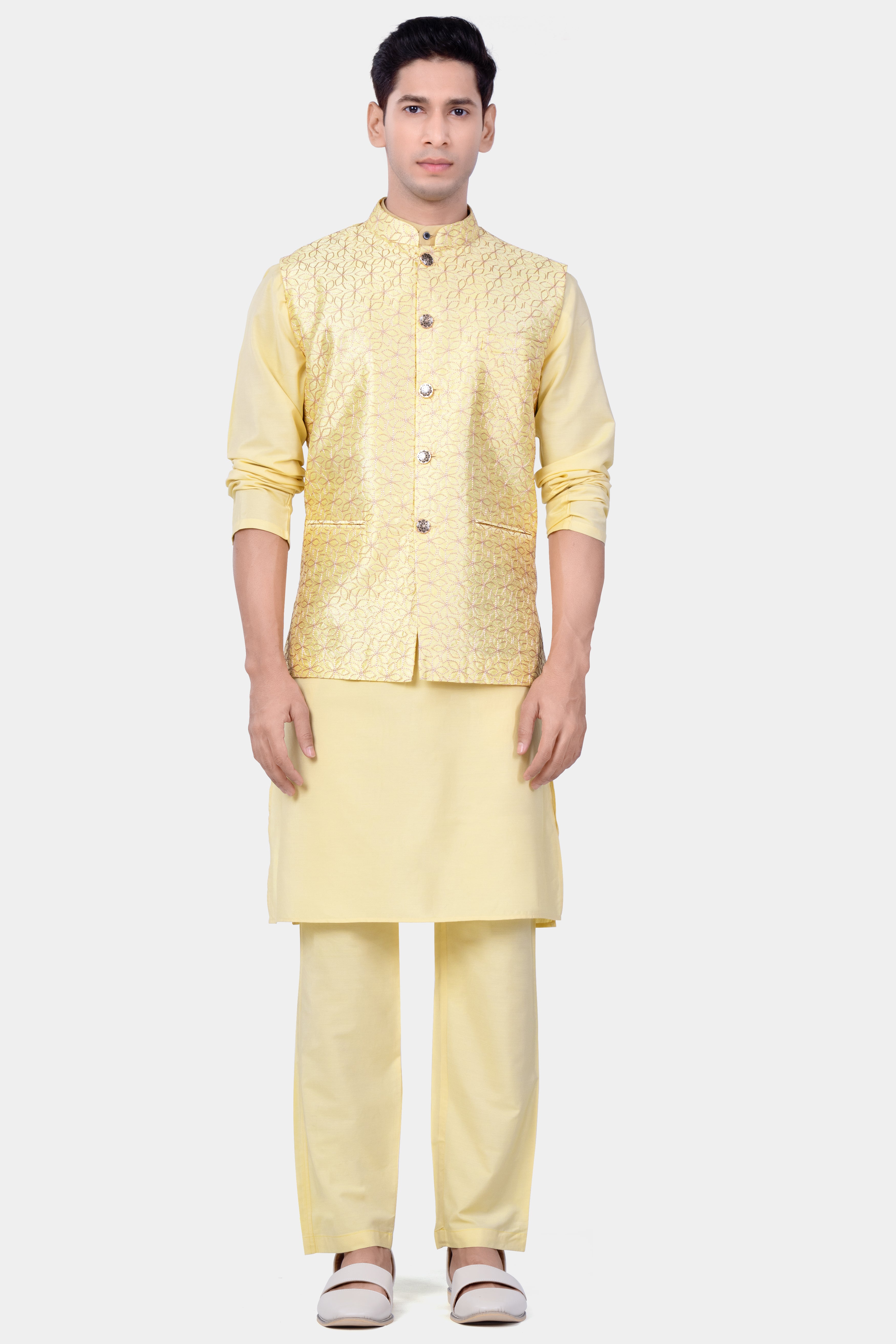 Hampton Yellow Kurta Set With Blond Yellow Flower Embroidered Nehru Jacket