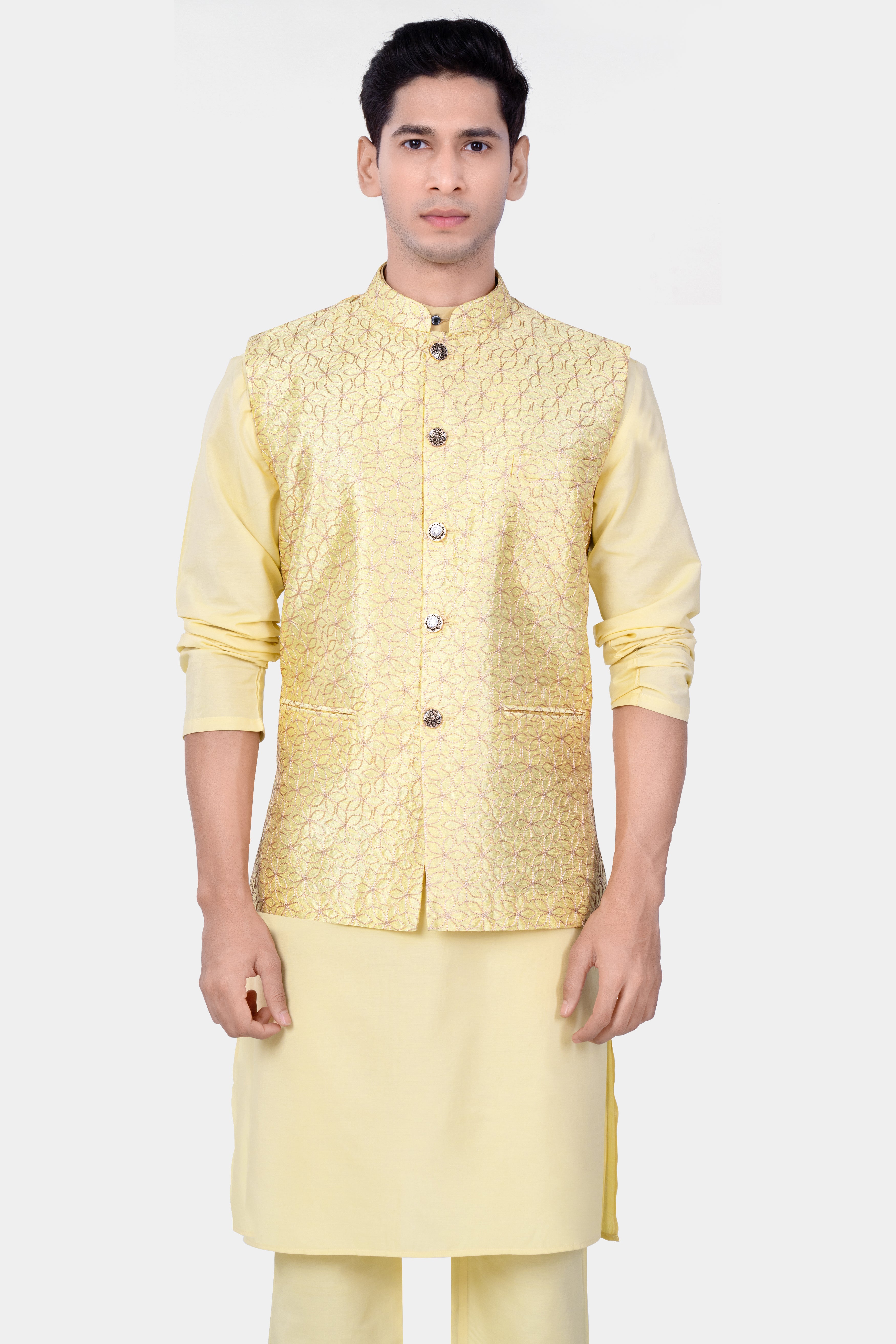 Hampton Yellow Kurta Set With Blond Yellow Flower Embroidered Nehru Jacket