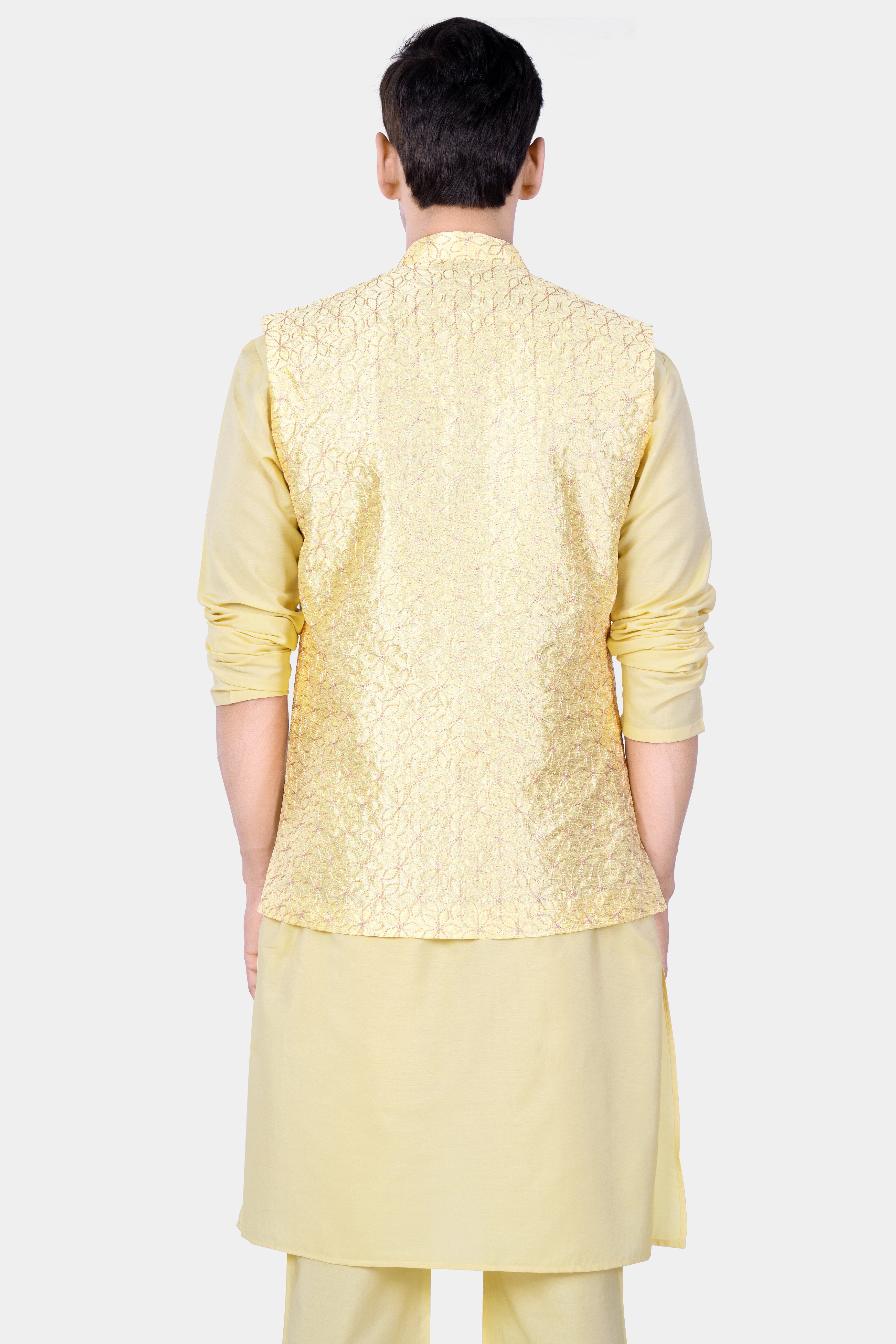 Hampton Yellow Kurta Set With Blond Yellow Flower Embroidered Nehru Jacket