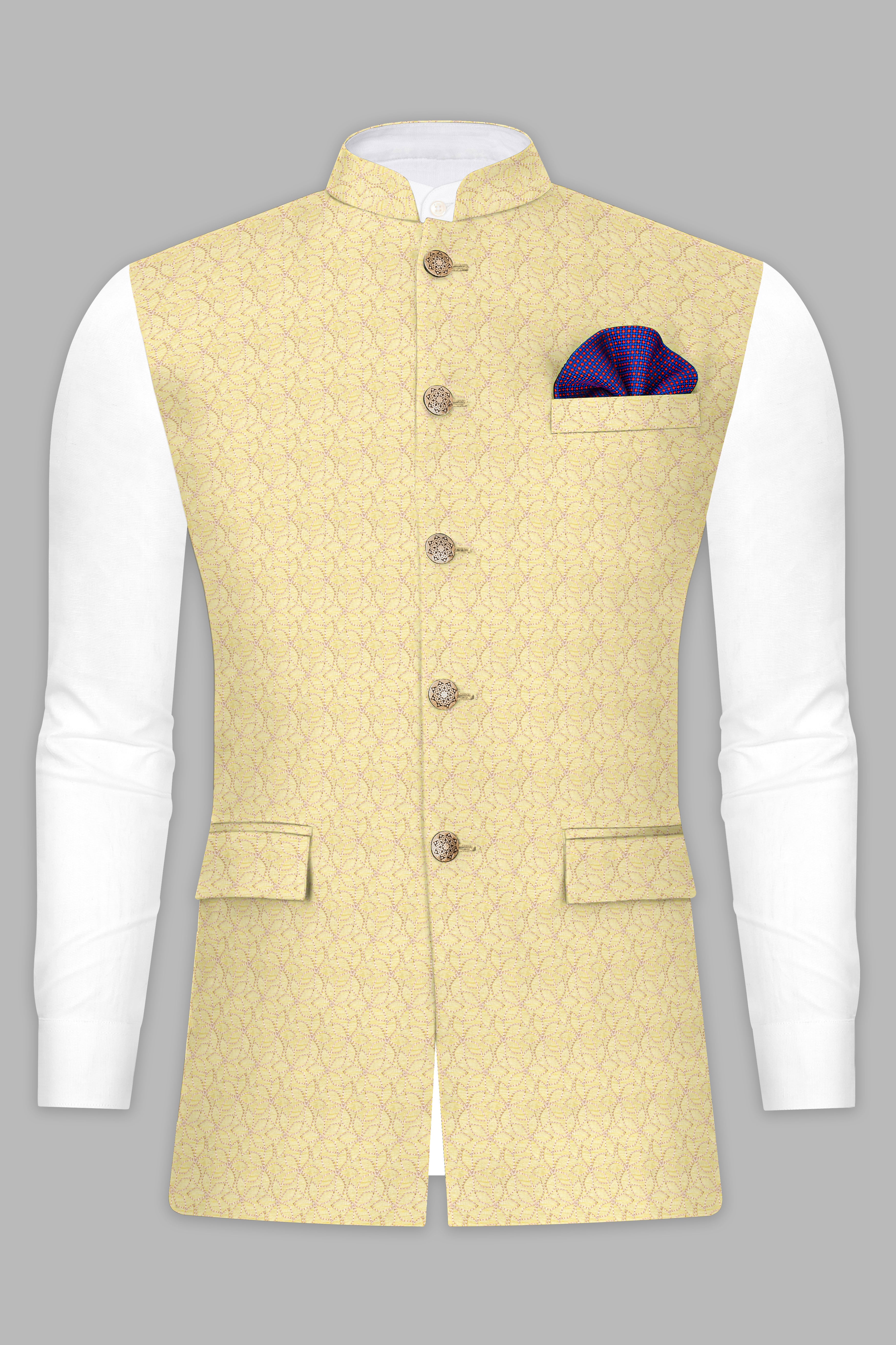 Hampton Yellow Kurta Set With Blond Yellow Flower Embroidered Nehru Jacket