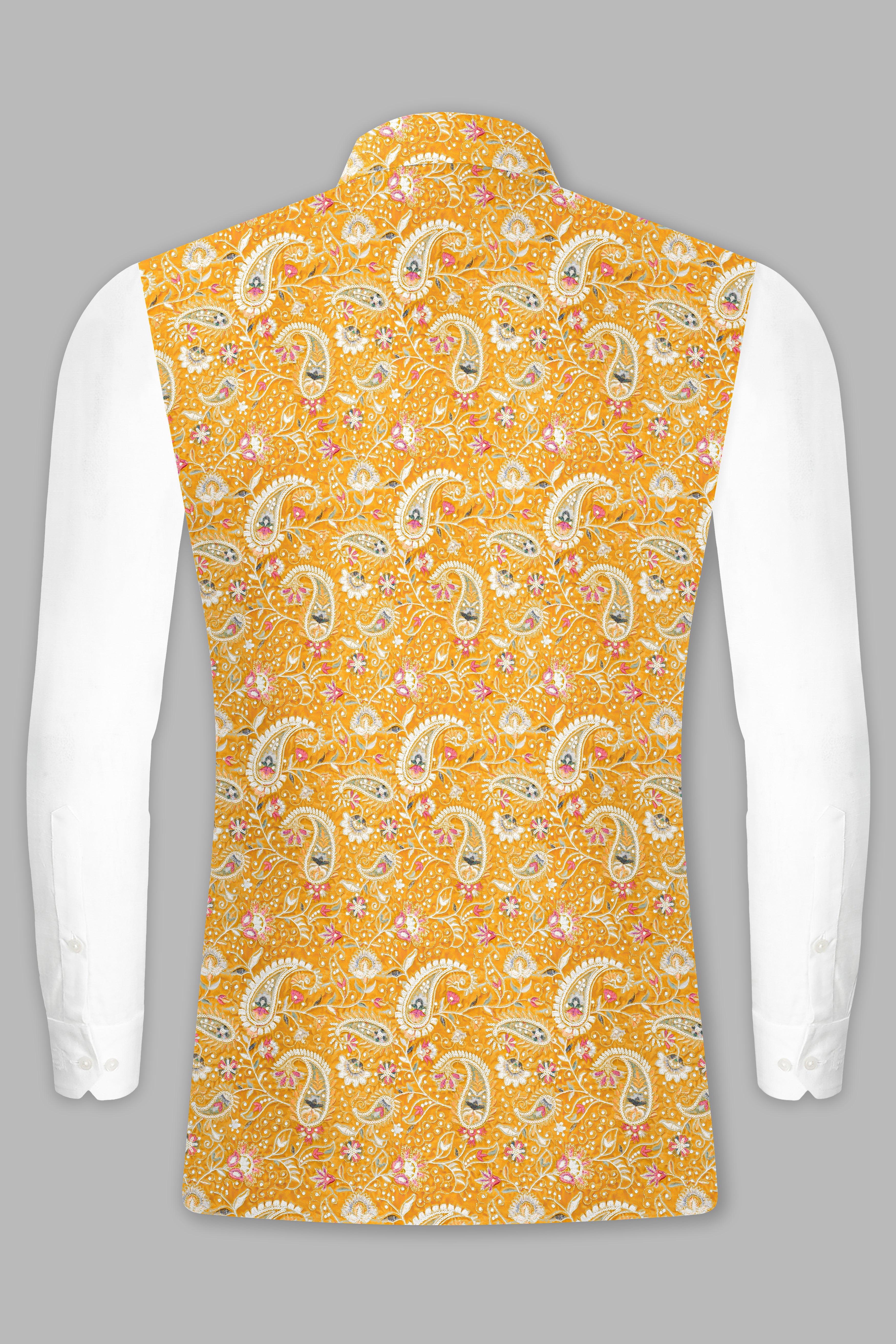 Manhattan Orange Kurta Set With Firebush Yellow Velvet Floral Thread Embroidered Nehru Jacket