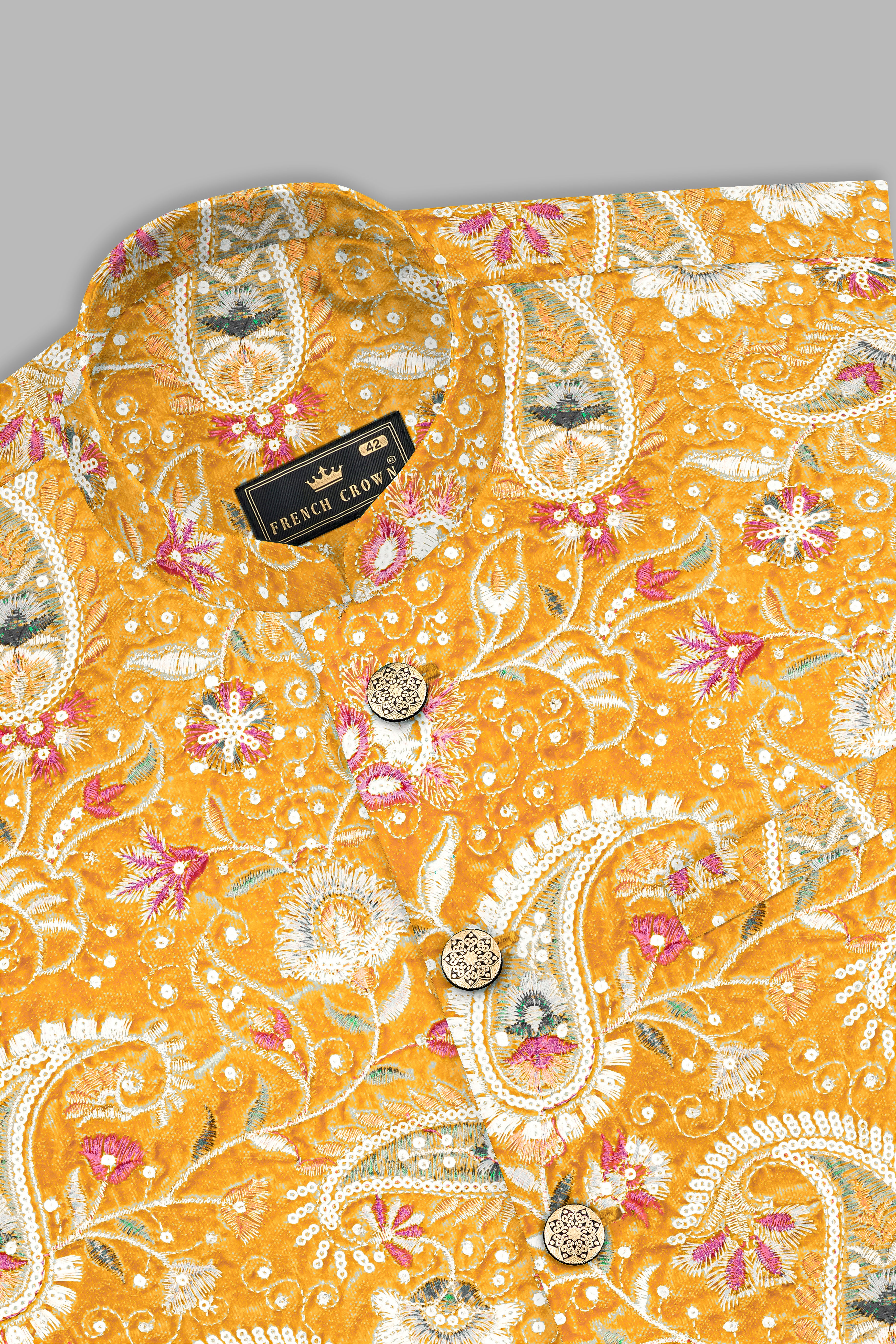 Manhattan Orange Kurta Set With Firebush Yellow Velvet Floral Thread Embroidered Nehru Jacket