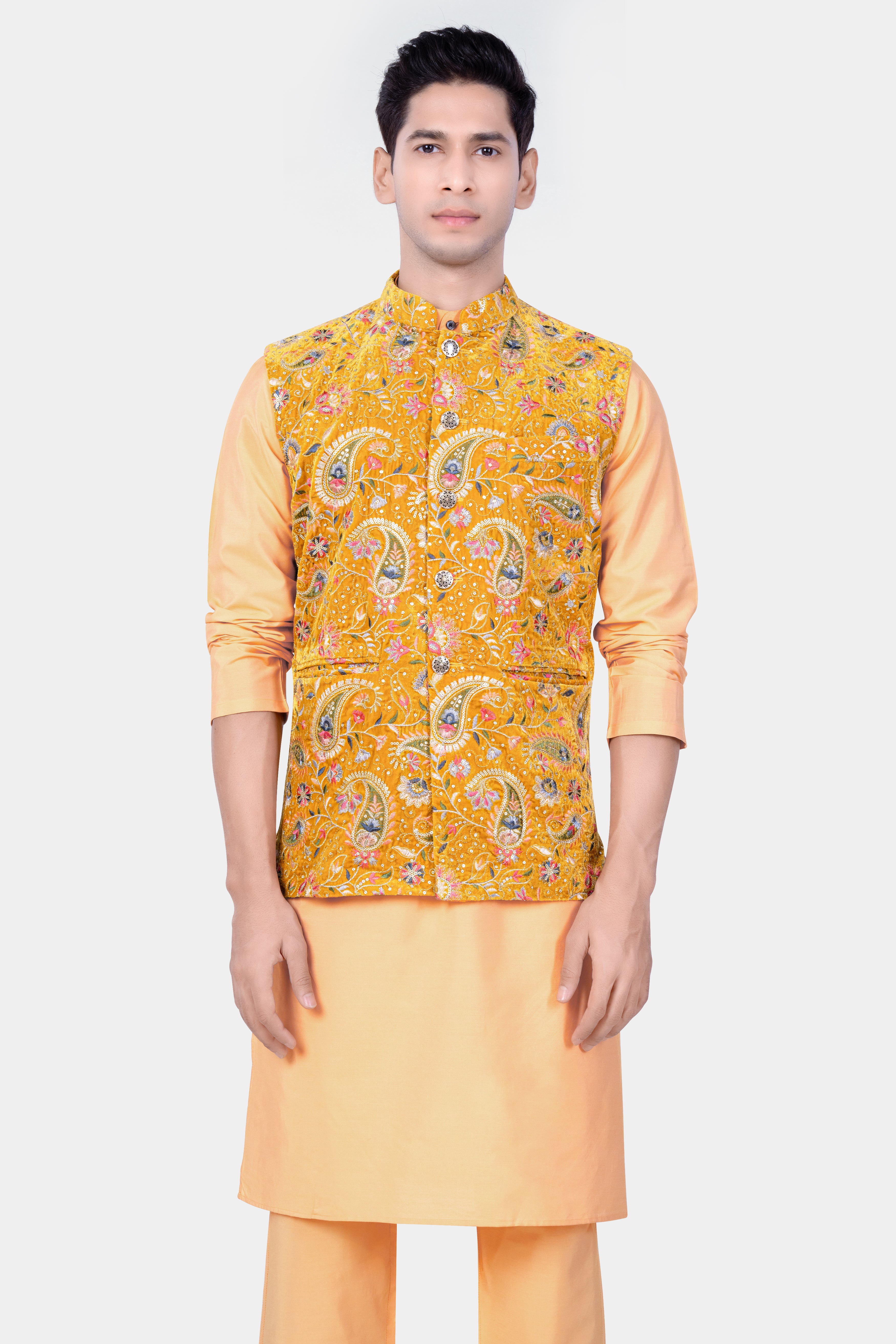 Manhattan Orange Kurta Set With Firebush Yellow Velvet Floral Thread Embroidered Nehru Jacket