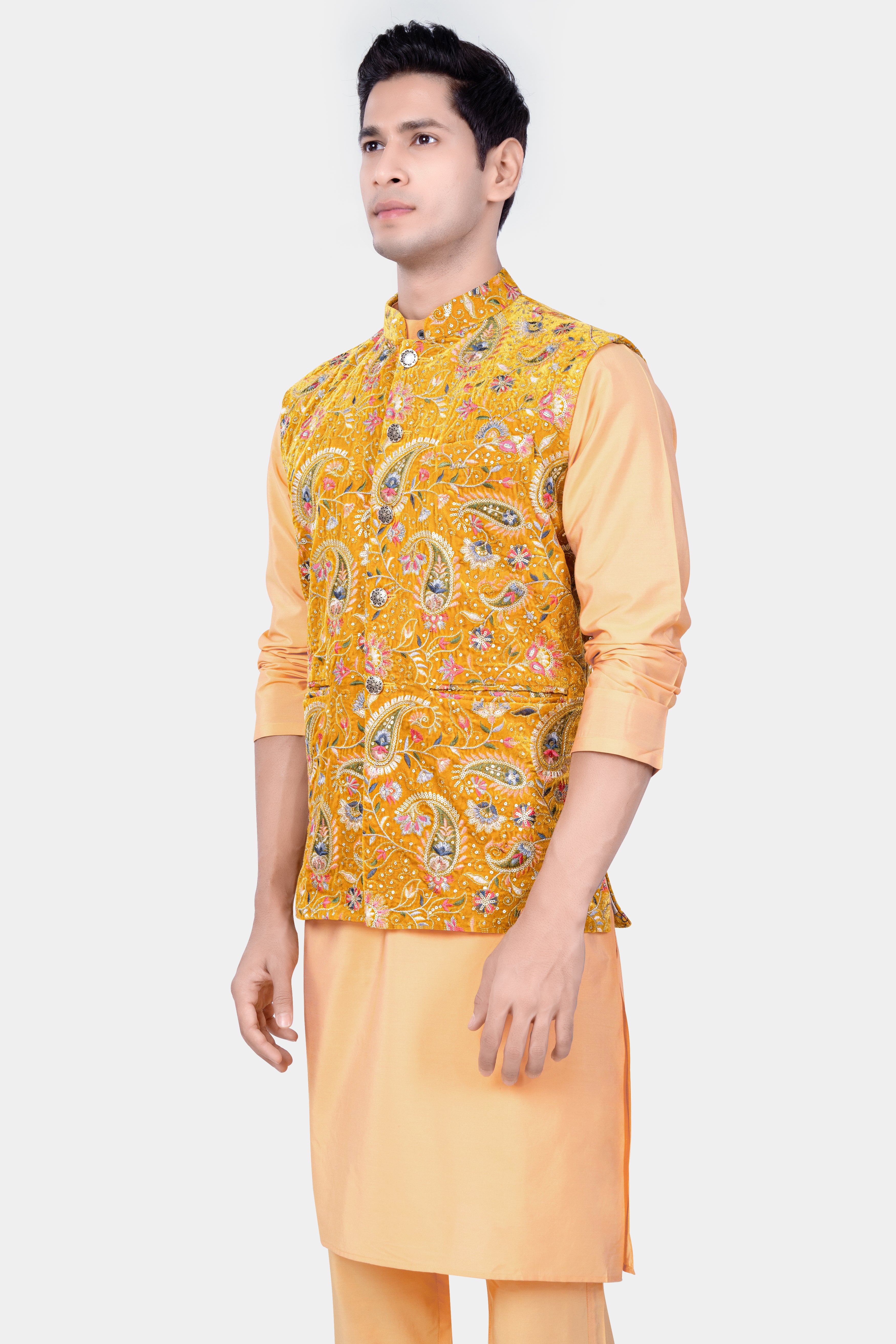 Manhattan Orange Kurta Set With Firebush Yellow Velvet Floral Thread Embroidered Nehru Jacket