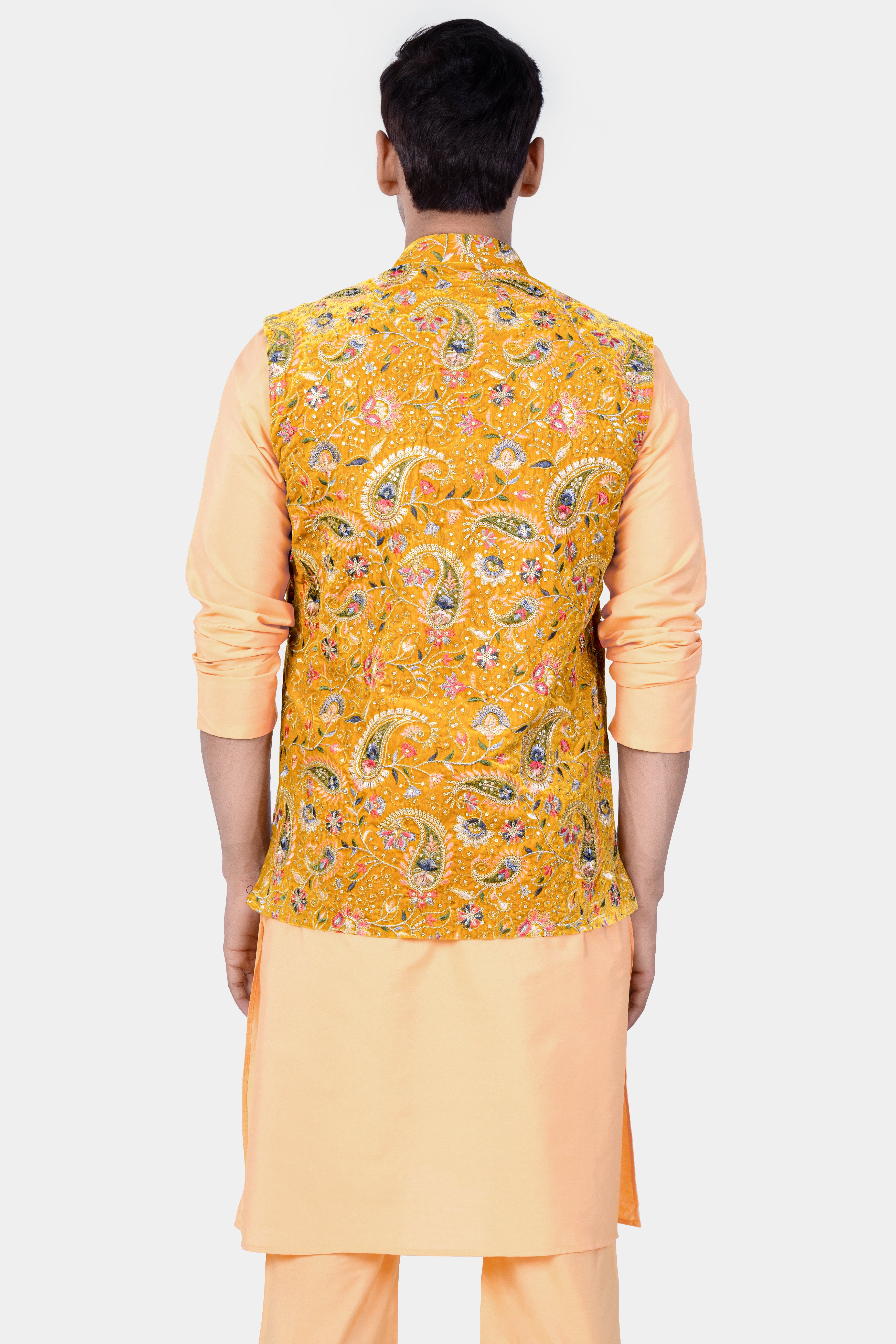 Manhattan Orange Kurta Set With Firebush Yellow Velvet Floral Thread Embroidered Nehru Jacket
