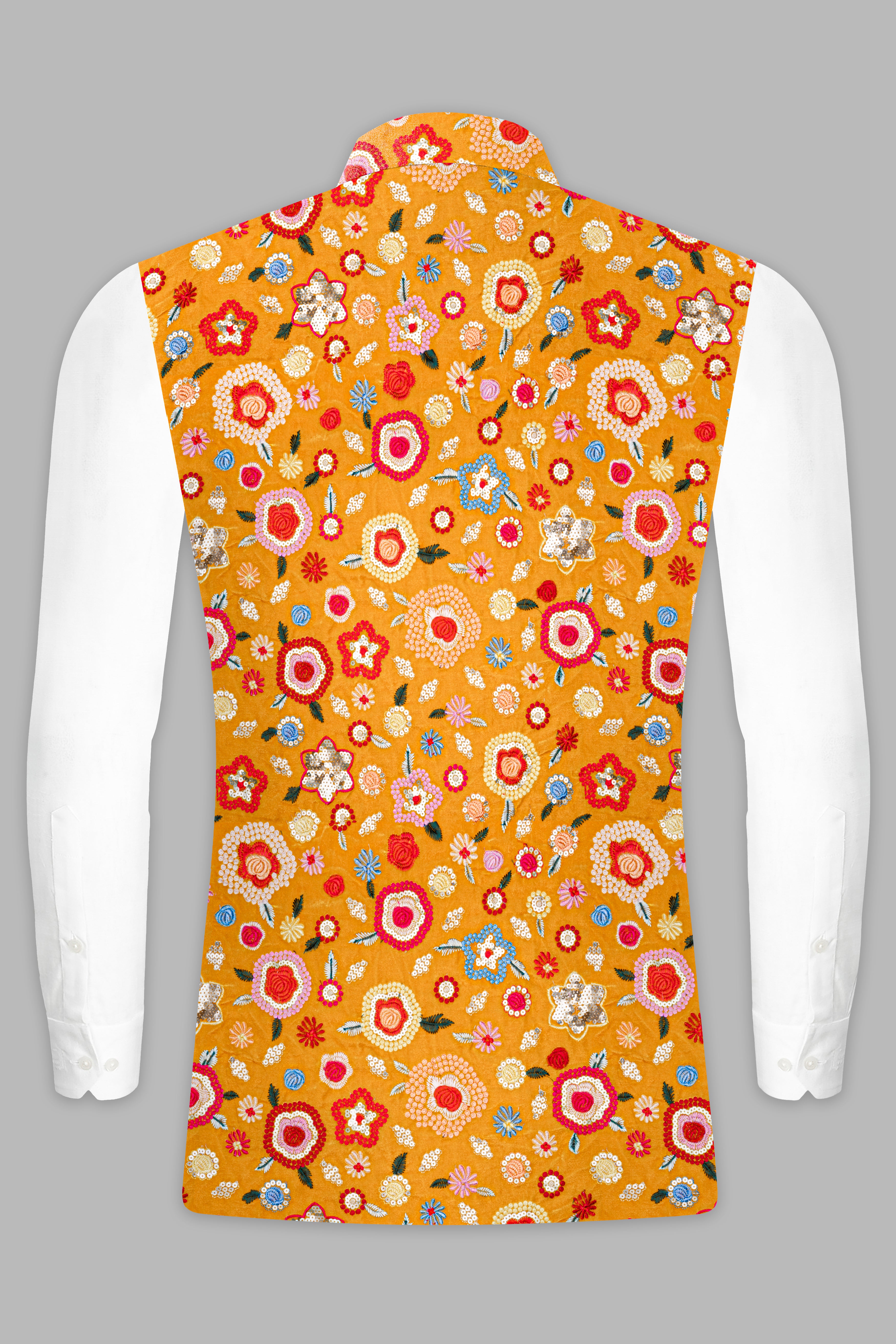 Manhattan Orange Kurta Set With Tangerine Yellow And Alizarin Red Velvet Floral Thread Embroidered Nehru Jacket
