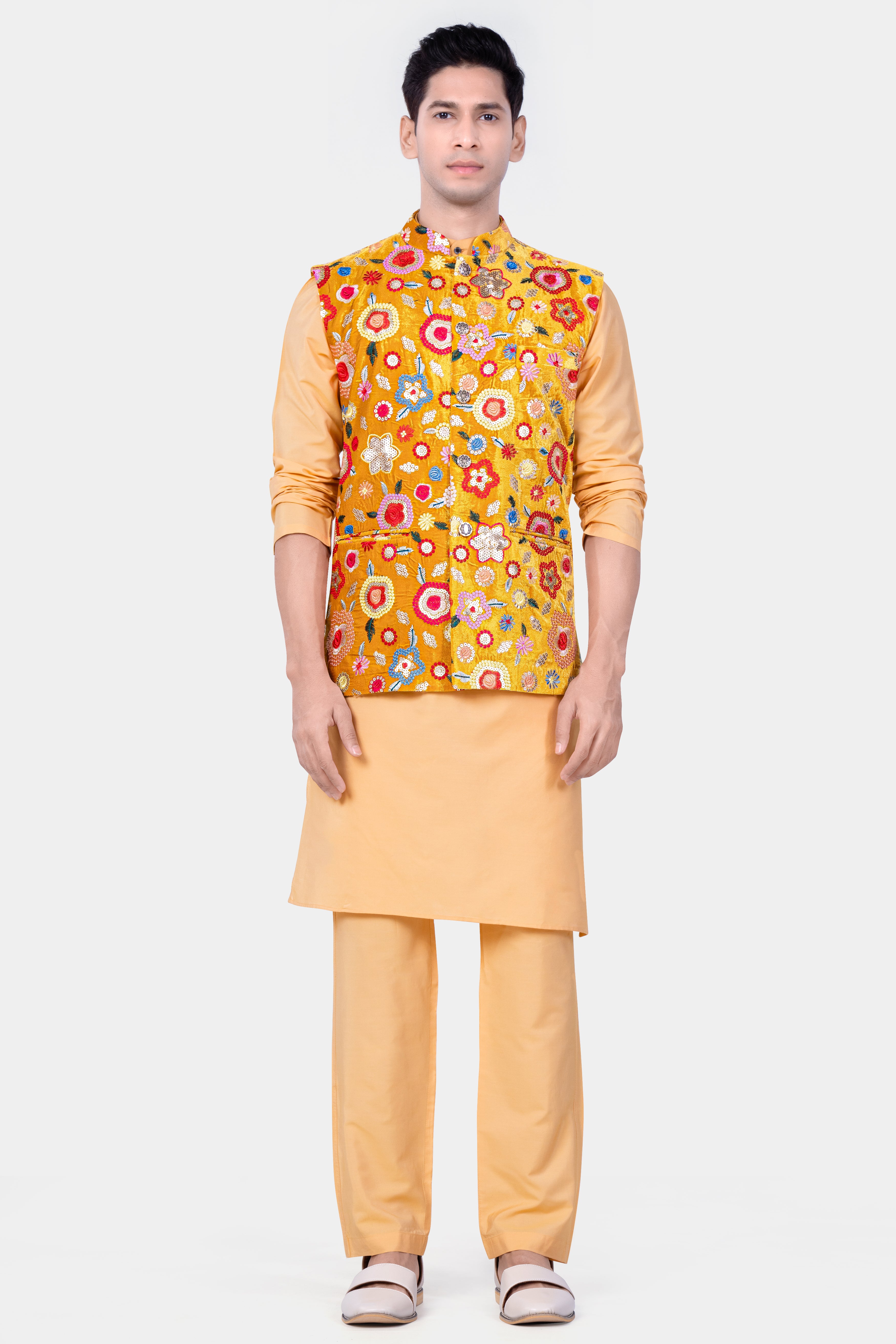 Manhattan Orange Kurta Set With Tangerine Yellow And Alizarin Red Velvet Floral Thread Embroidered Nehru Jacket