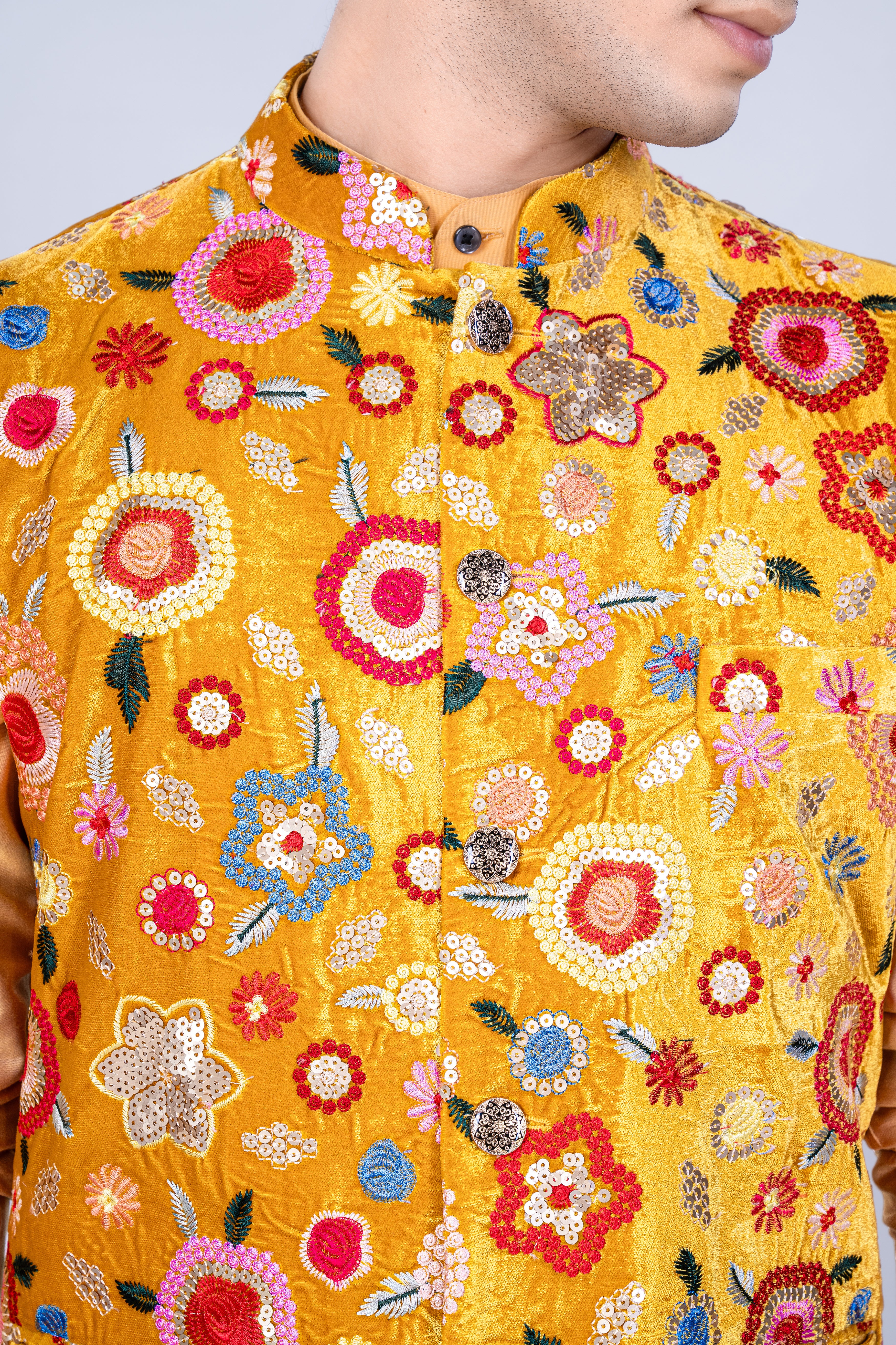 Manhattan Orange Kurta Set With Tangerine Yellow And Alizarin Red Velvet Floral Thread Embroidered Nehru Jacket