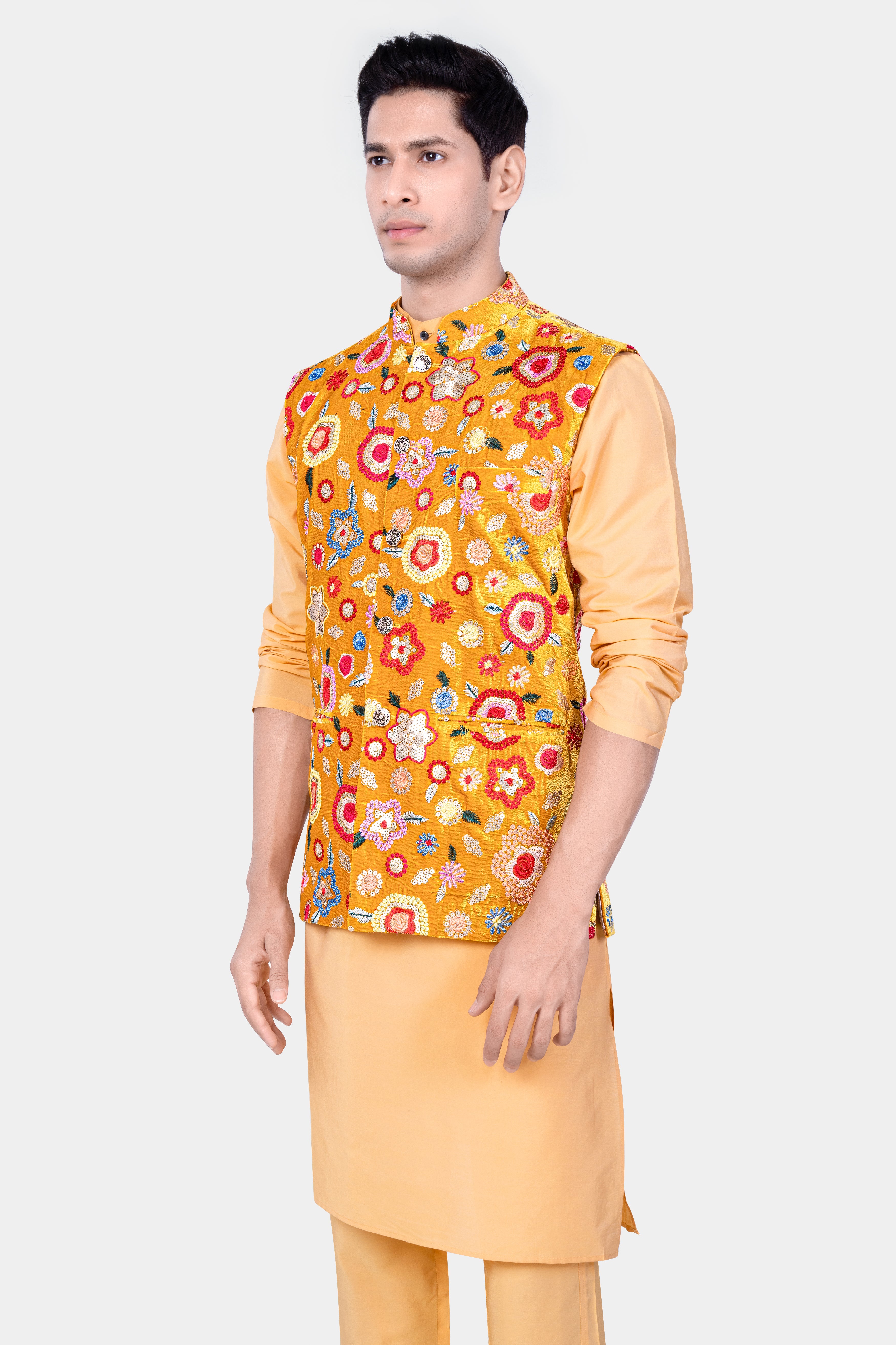 Manhattan Orange Kurta Set With Tangerine Yellow And Alizarin Red Velvet Floral Thread Embroidered Nehru Jacket