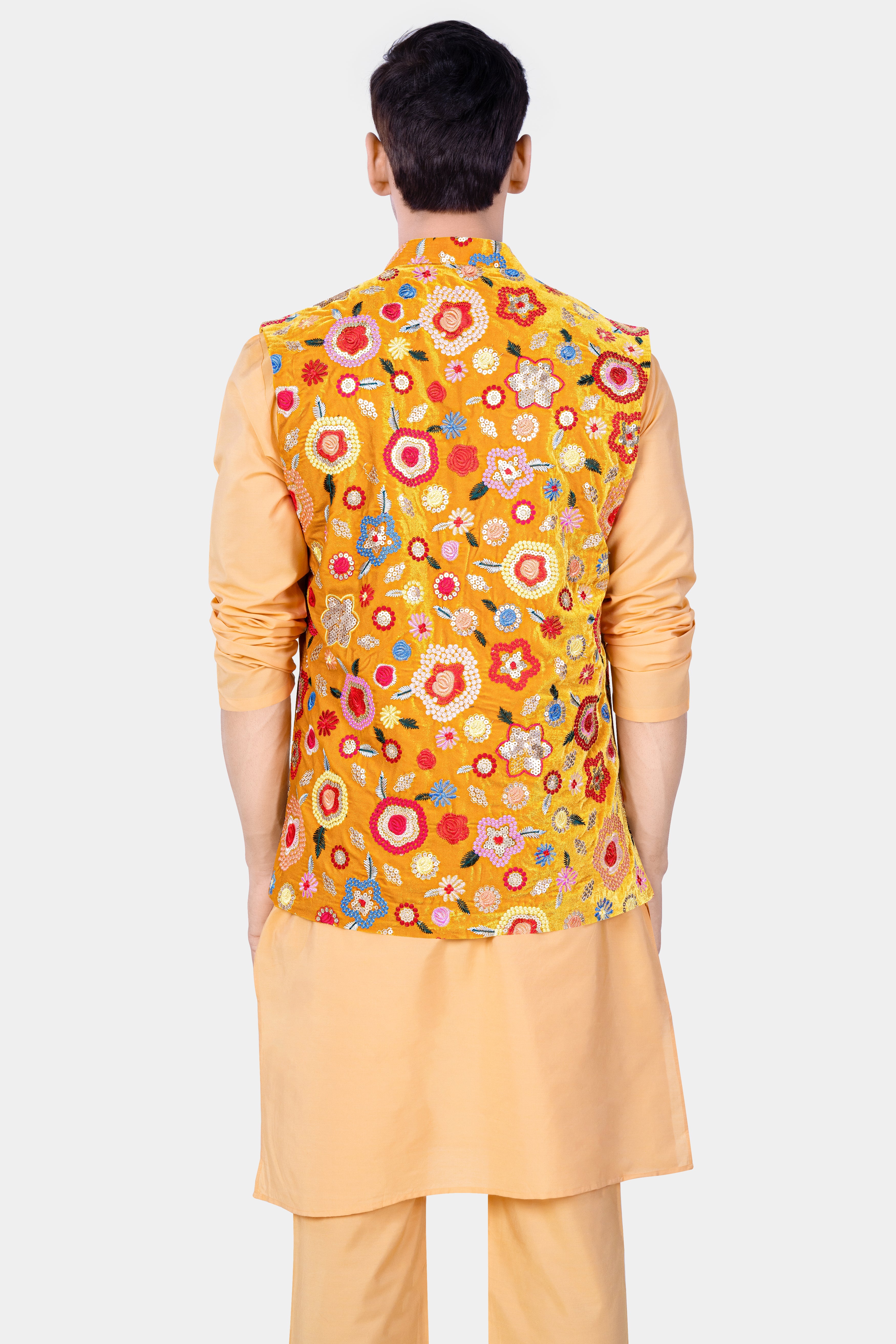 Manhattan Orange Kurta Set With Tangerine Yellow And Alizarin Red Velvet Floral Thread Embroidered Nehru Jacket