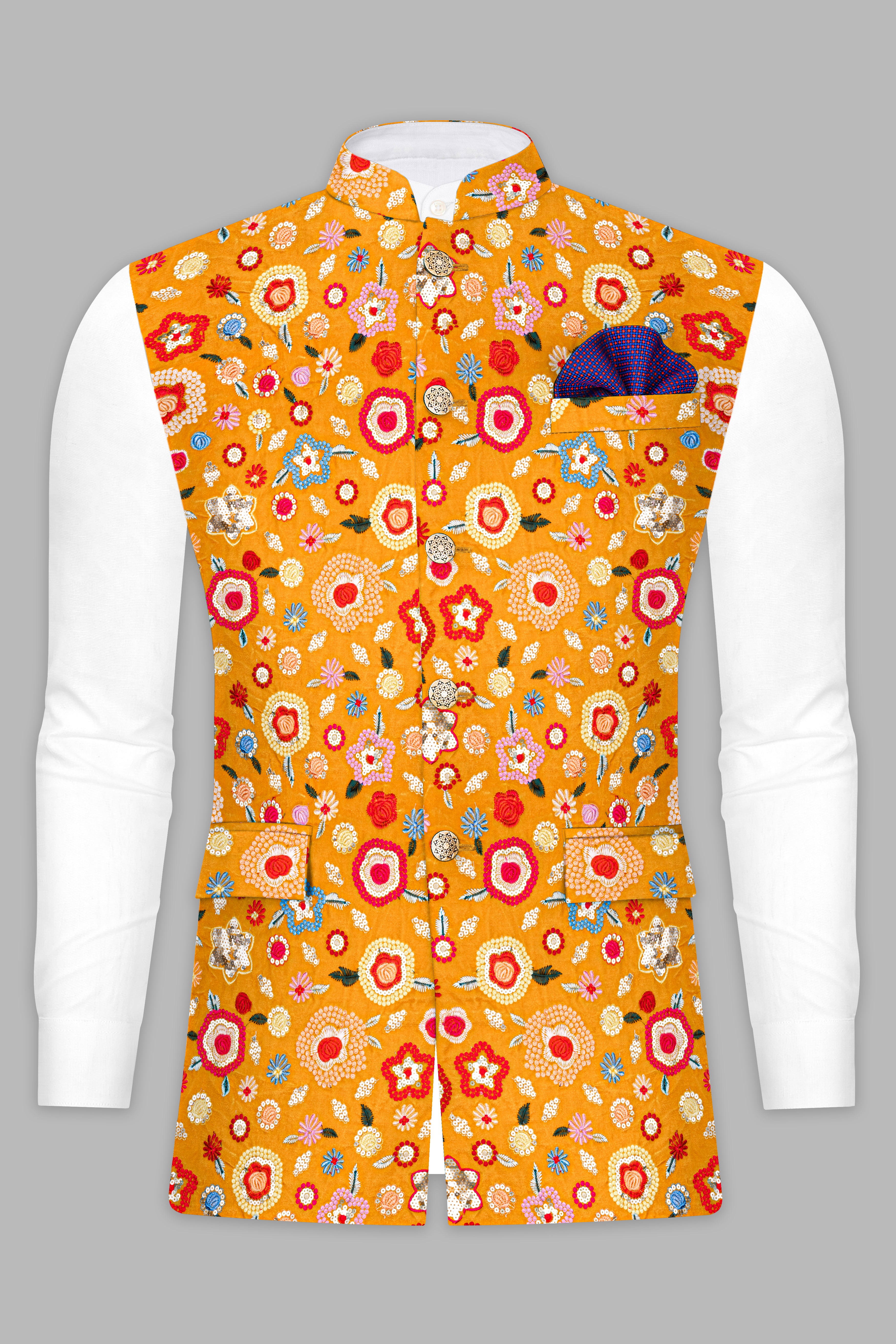 Manhattan Orange Kurta Set With Tangerine Yellow And Alizarin Red Velvet Floral Thread Embroidered Nehru Jacket