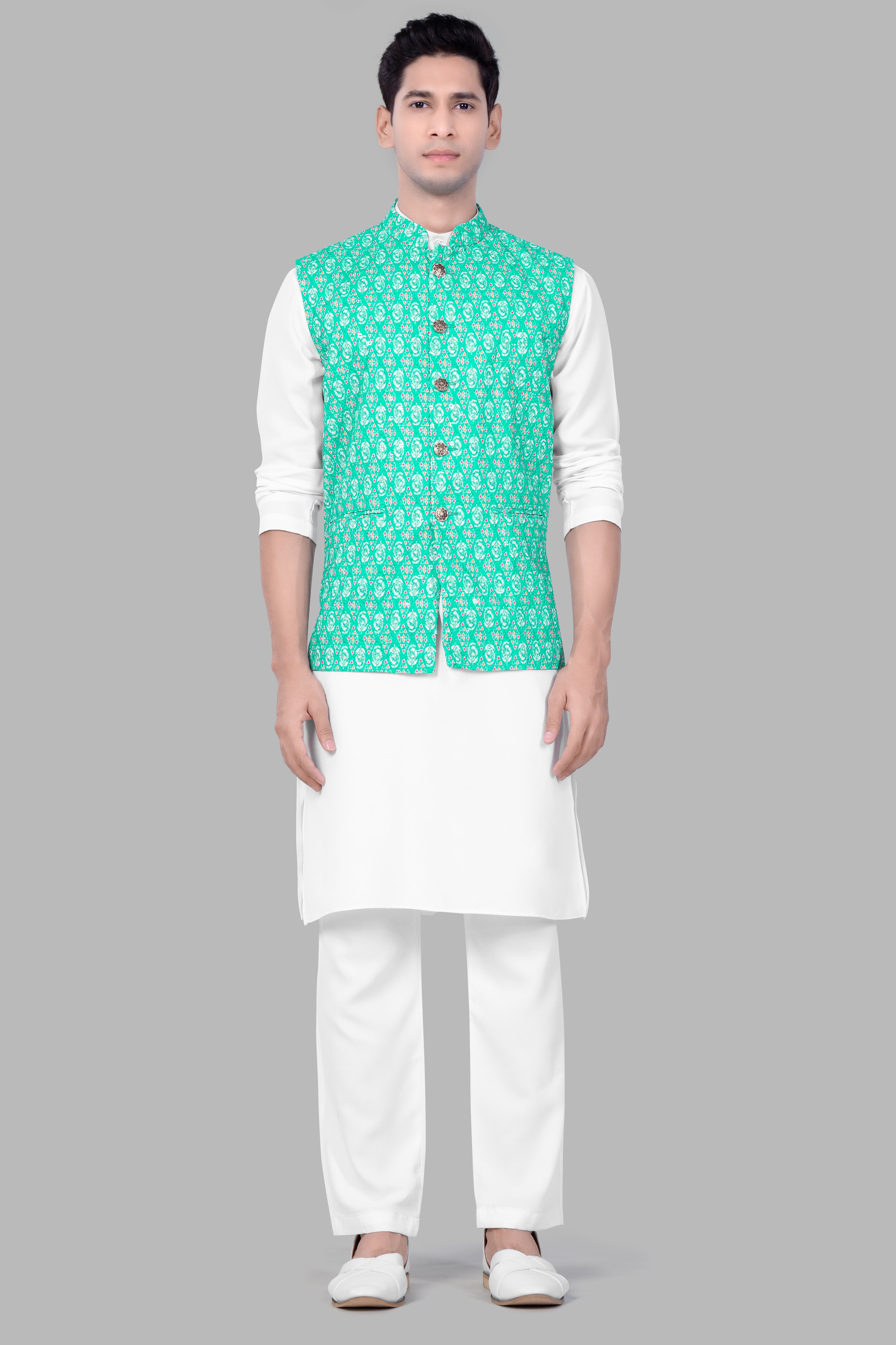 Bisque Beige Kurta Set With Caribbean Blue And Brilliant Rose Pink Designer Thread Embroidered Nehru Jacket