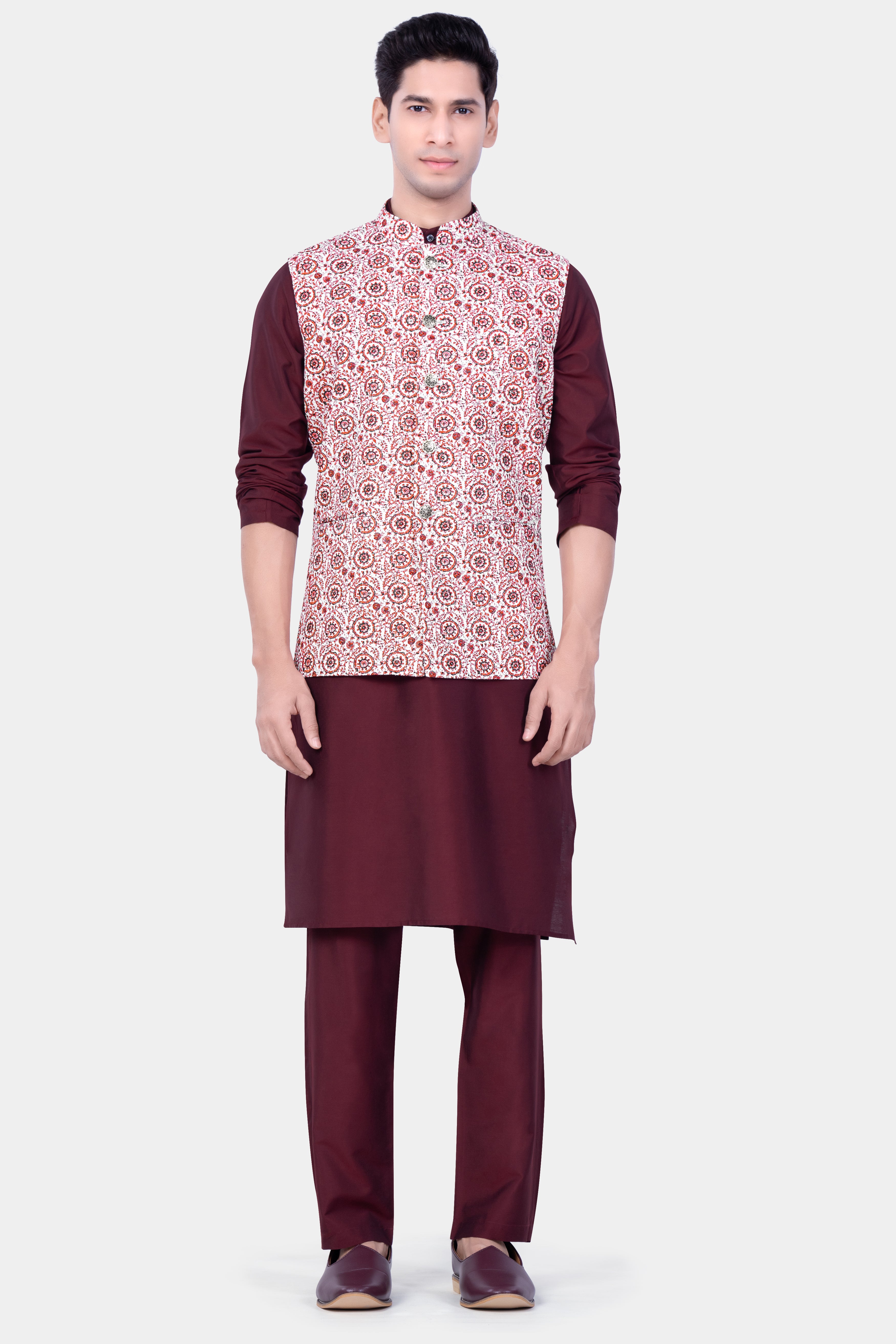 Wine Berry Kurta Set With Copper Rust Brown And Bright White Embroidered Nehru Jacket