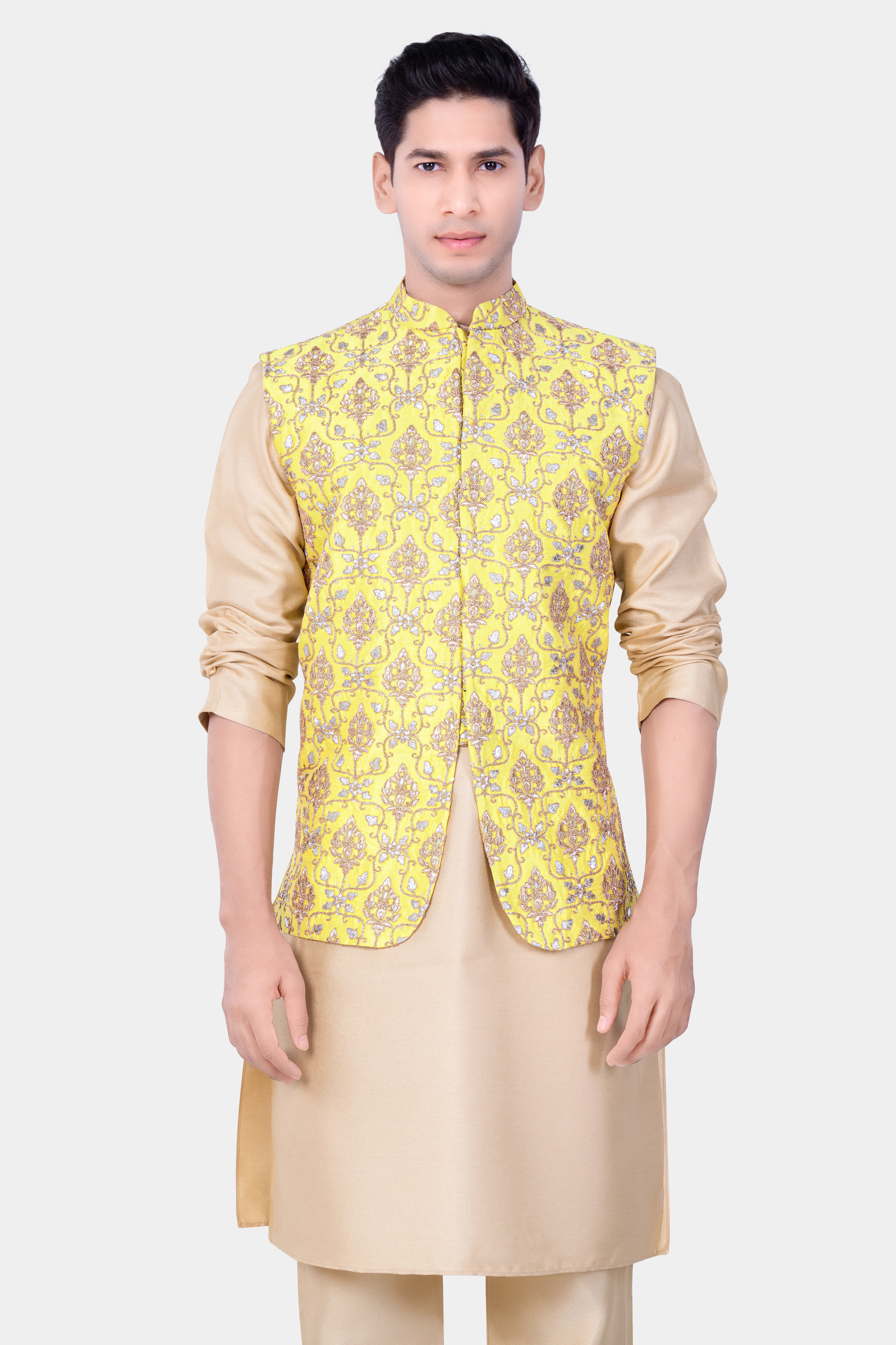Almond Brown Kurta Set With Marigold Yellow And Quicksand Brown Thread Embroidered Nehru Jacket