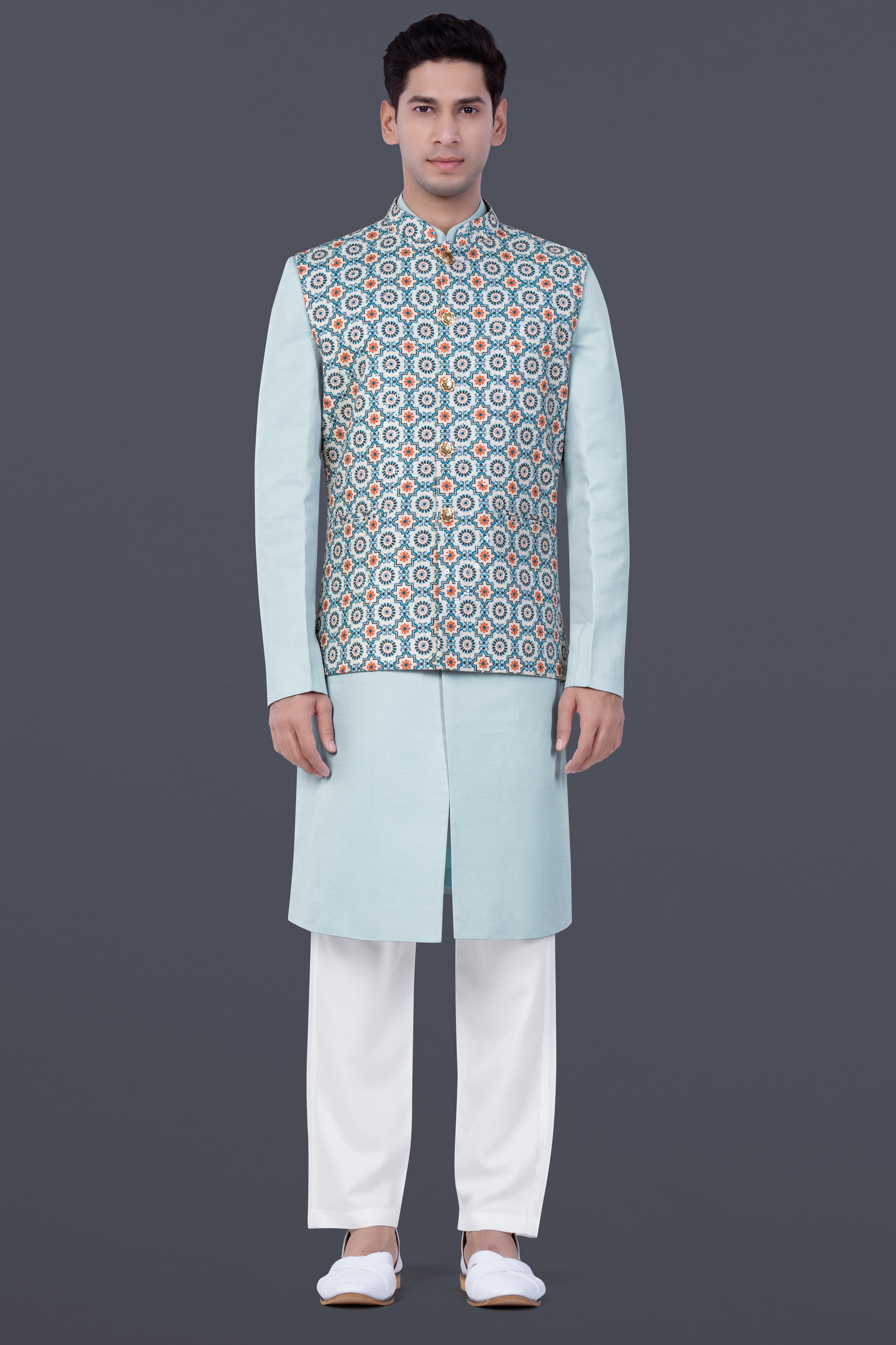 Celeste Blue Kurta With Persian Blue And Crusta Orange hexagon Thread Embroidered Nehru Jacket