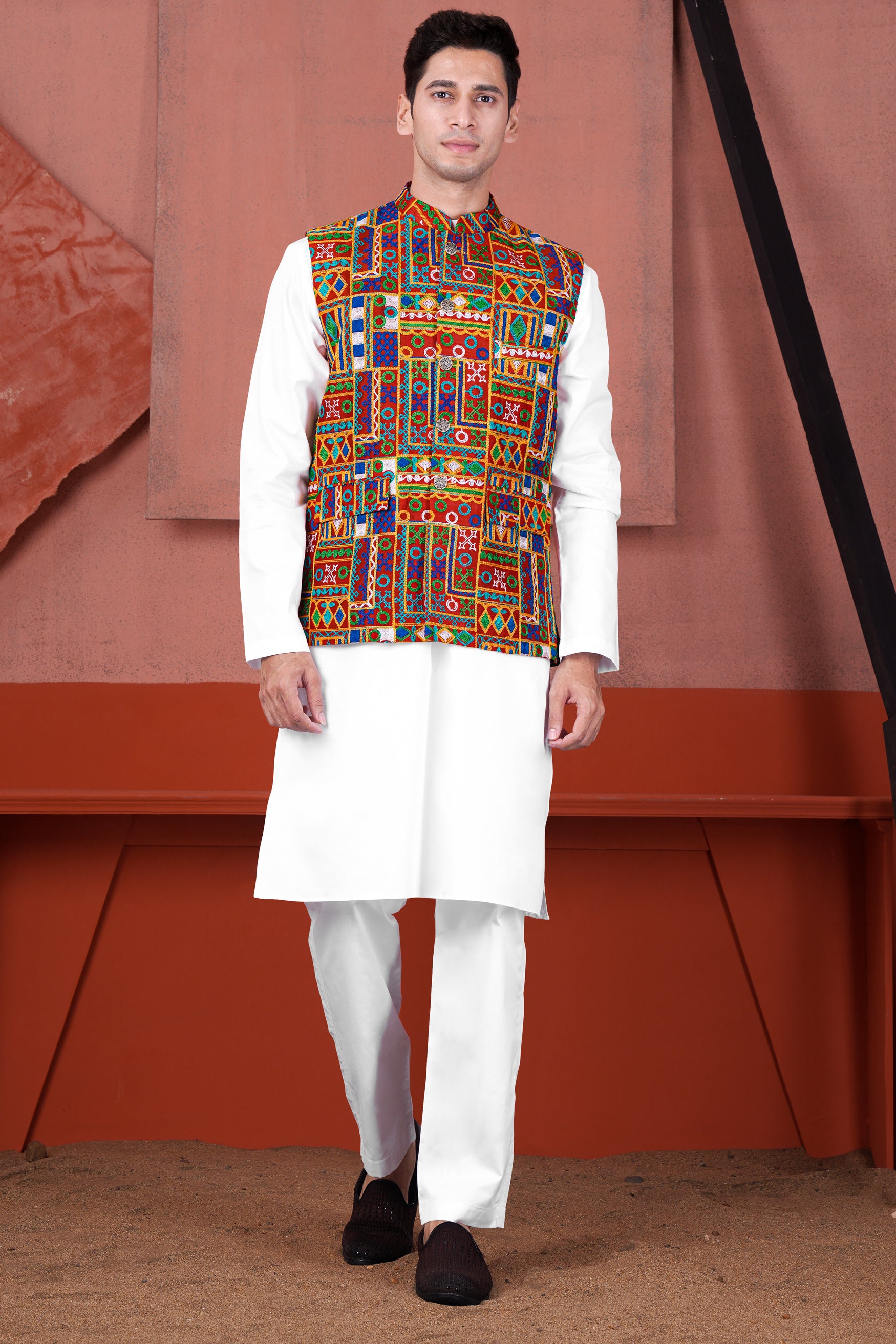 Bright White Cotton Thread Embroidered Designer Kurta With Nehru Jacket