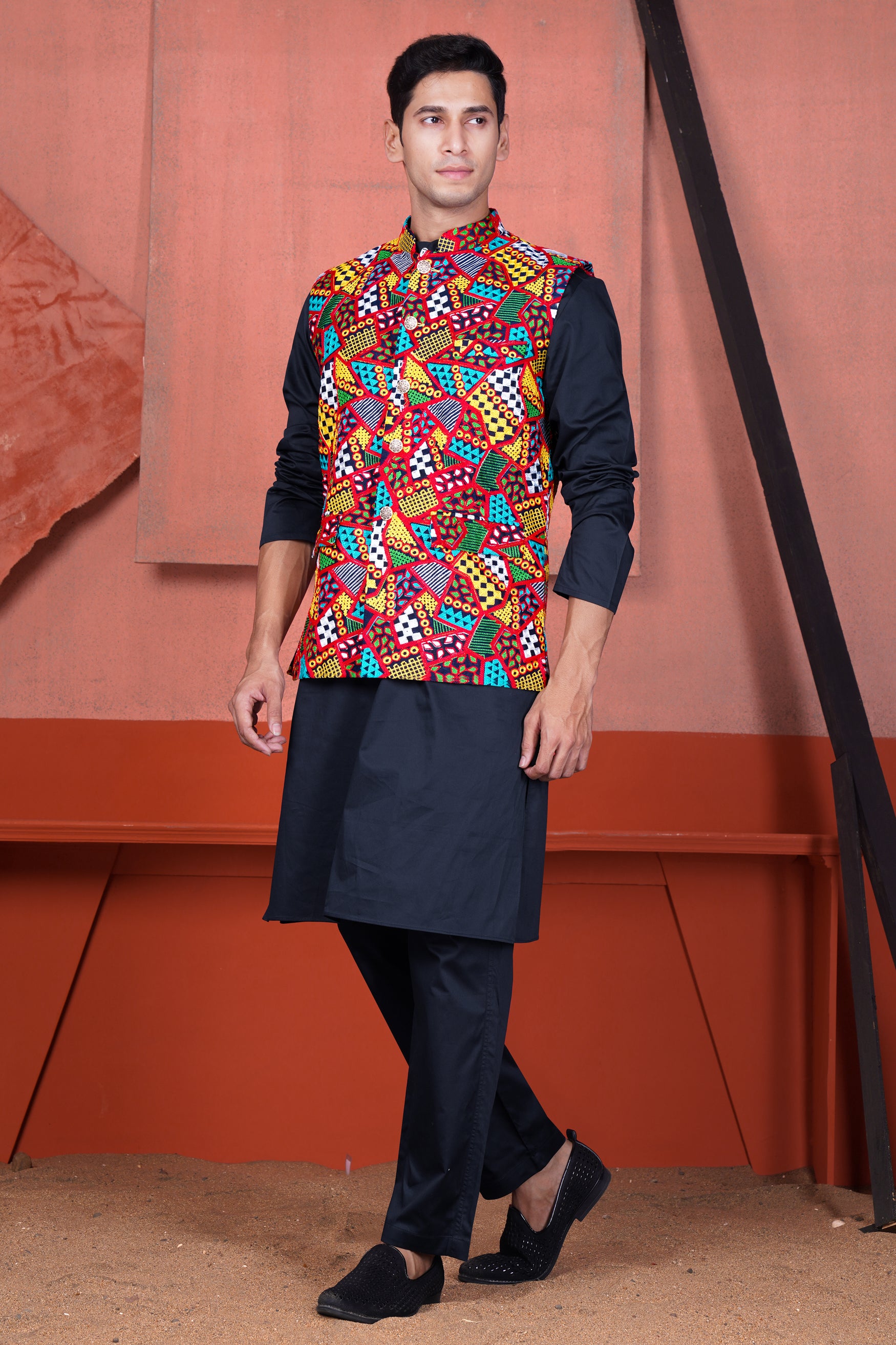 Haiti Blue Kurta with Canray Orange and Catalina Blue Multicolour Cotton Thread Embroidered Designer Nehru Jacket KPNJ140-38, KPNJ140-39, KPNJ140-40, KPNJ140-42, KPNJ140-44, KPNJ140-46, KPNJ140-48, KPNJ140-50, KPNJ140-52