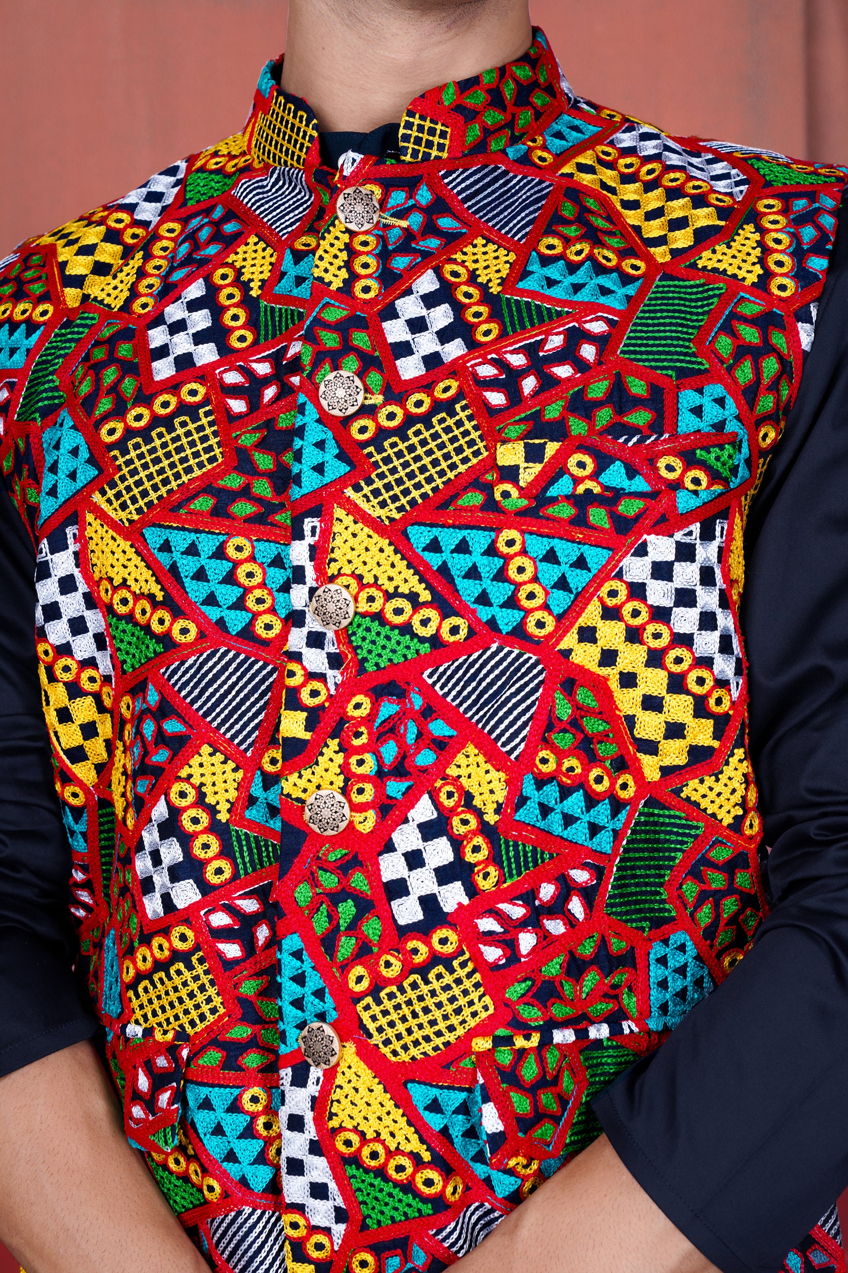 Haiti Blue Kurta with Canray Orange and Catalina Blue Multicolour Cotton Thread Embroidered Designer Nehru Jacket KPNJ140-38, KPNJ140-39, KPNJ140-40, KPNJ140-42, KPNJ140-44, KPNJ140-46, KPNJ140-48, KPNJ140-50, KPNJ140-52