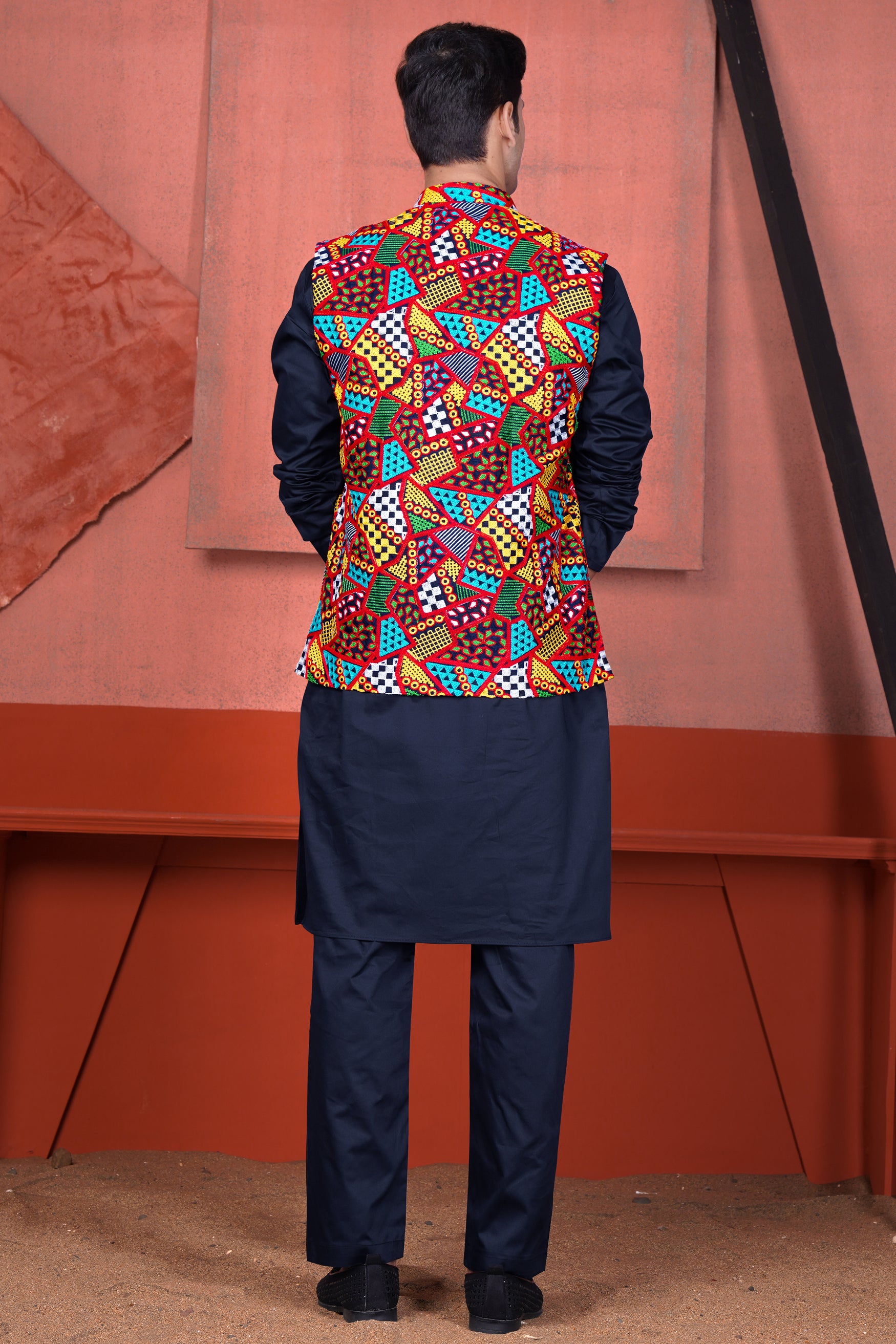 Haiti Blue Kurta with Canray Orange and Catalina Blue Multicolour Cotton Thread Embroidered Designer Nehru Jacket KPNJ140-38, KPNJ140-39, KPNJ140-40, KPNJ140-42, KPNJ140-44, KPNJ140-46, KPNJ140-48, KPNJ140-50, KPNJ140-52