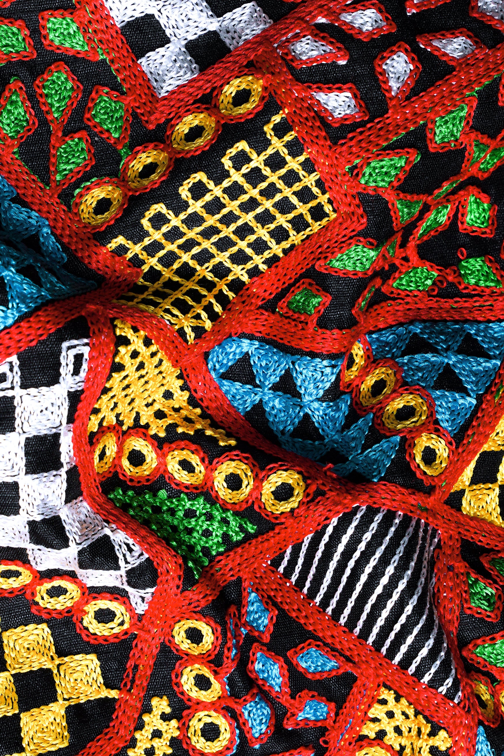 Jade Black Kurta with Carnelian Red and Kelly Green Multicolour Cotton Thread Embroidered Designer Nehru Jacket