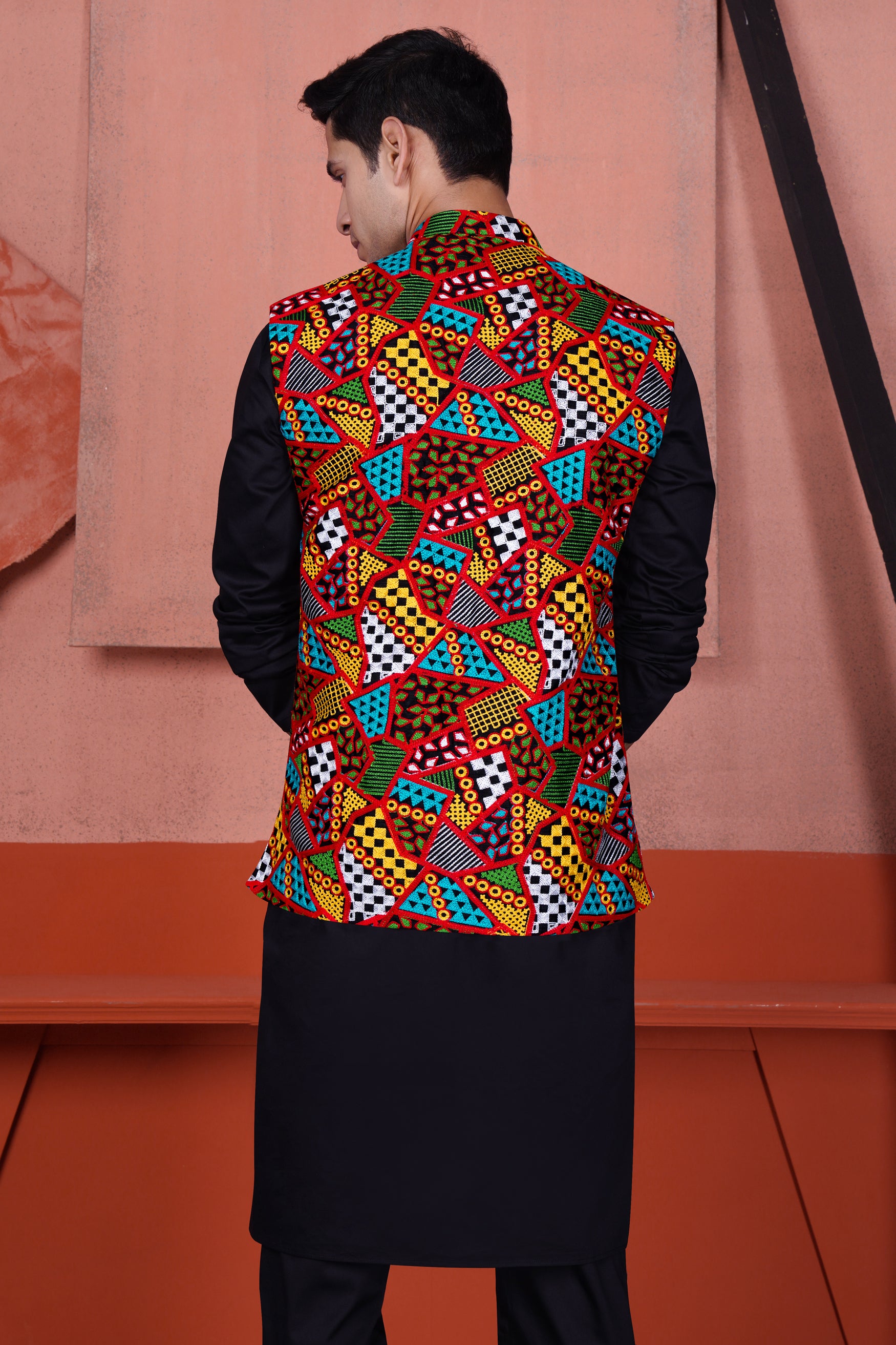 Jade Black Kurta with Carnelian Red and Kelly Green Multicolour Cotton Thread Embroidered Designer Nehru Jacket