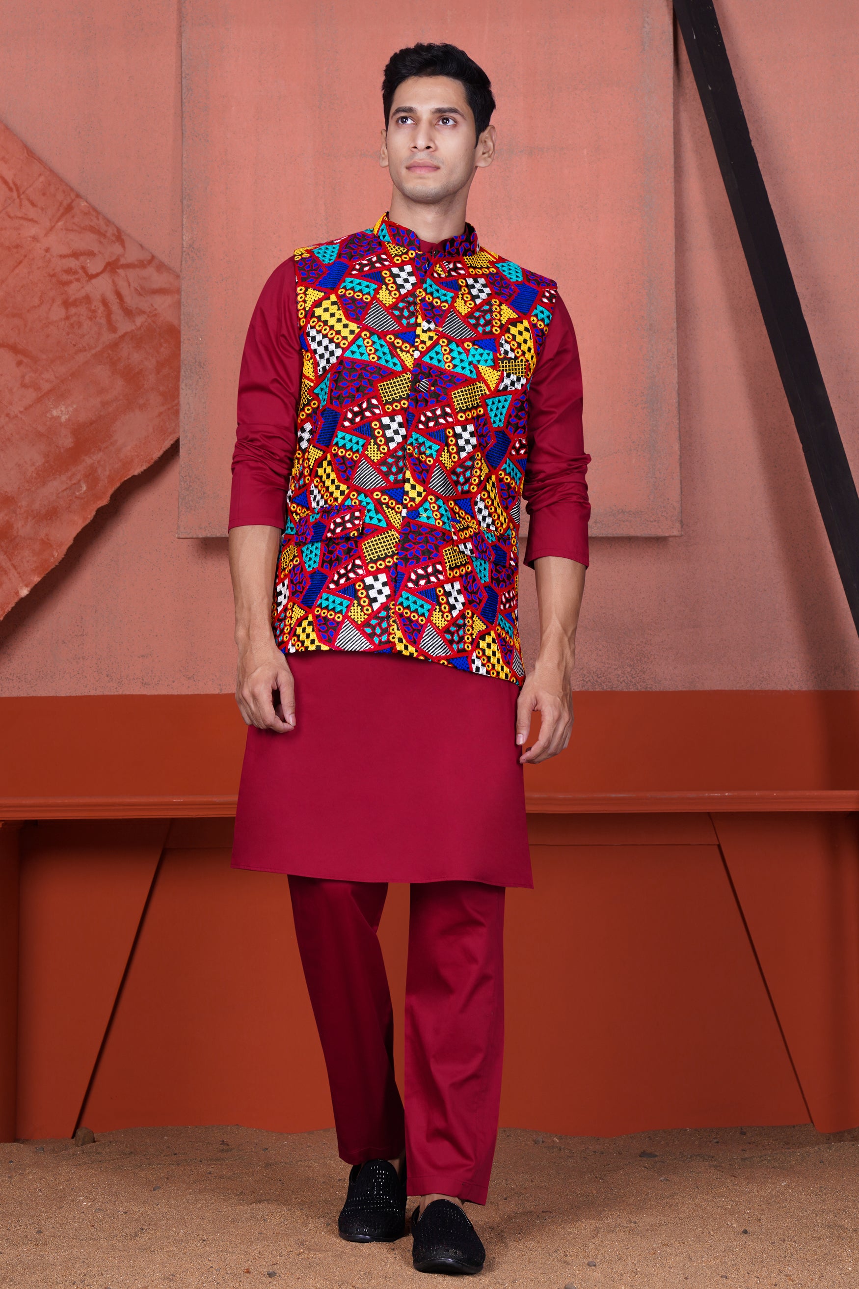 Vivid Auburn Red Kurta with Canray Orange and Catalina Blue Multicolour Cotton Thread Embroidered Designer Nehru Jacket