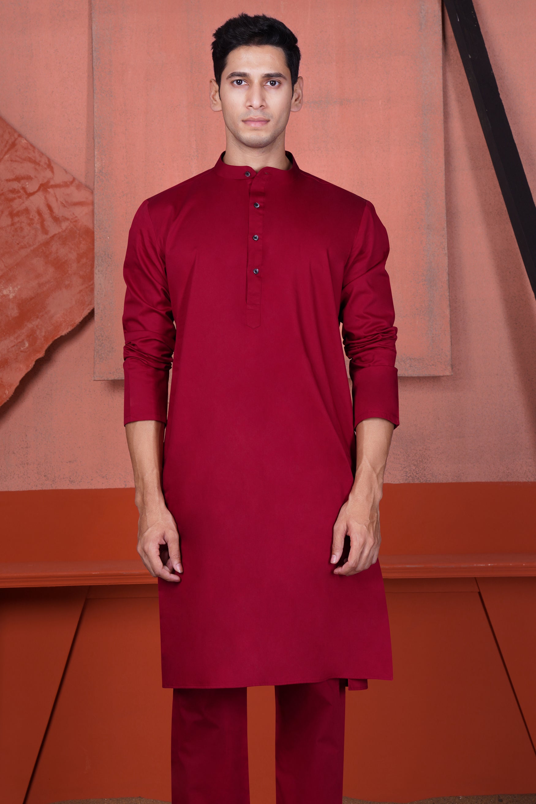 Vivid Auburn Red Kurta with Canray Orange and Catalina Blue Multicolour Cotton Thread Embroidered Designer Nehru Jacket