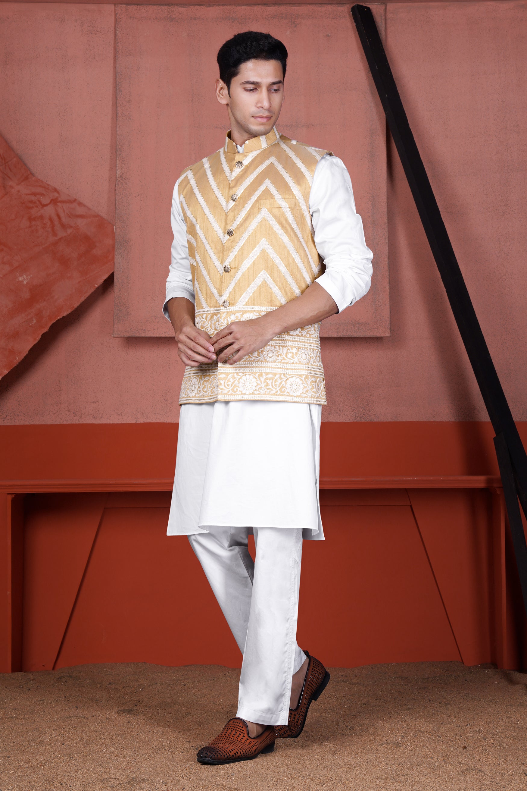 Bright White Kurta with Antique Brown and Merino Cream Zig Zag Cotton Thread Embroidered Designer Nehru Jacket