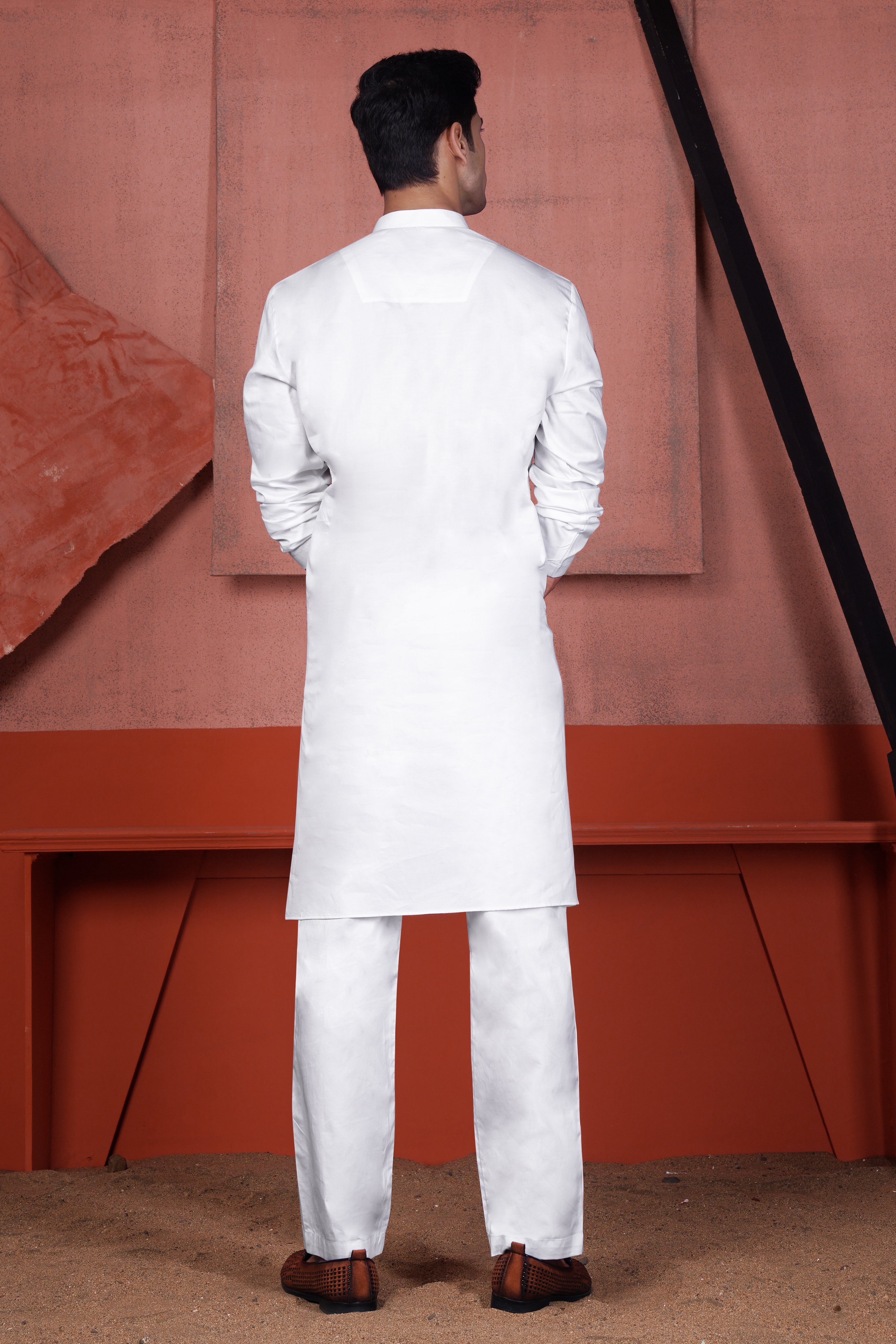 Bright White Kurta with Antique Brown and Merino Cream Zig Zag Cotton Thread Embroidered Designer Nehru Jacket