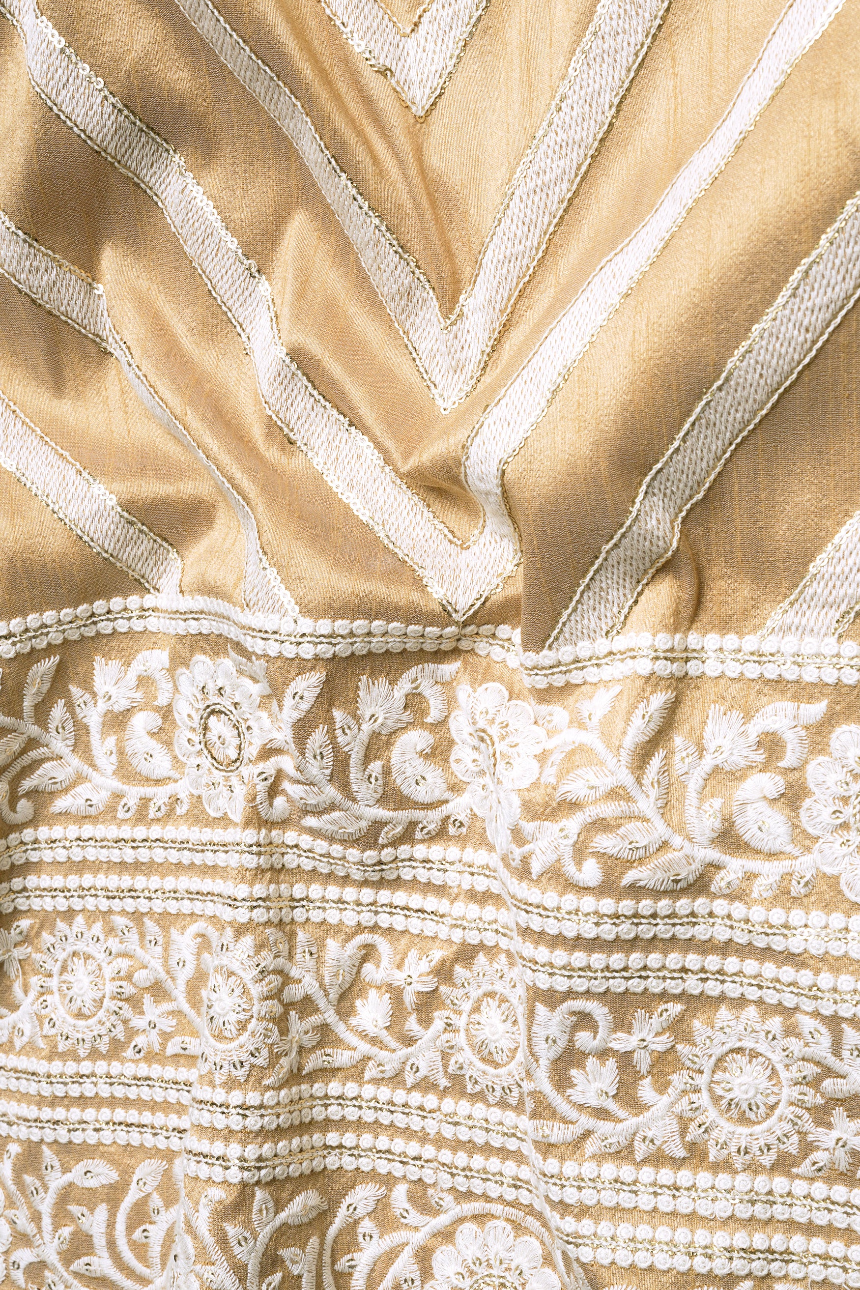 Bright White Kurta with Antique Brown and Merino Cream Zig Zag Cotton Thread Embroidered Designer Nehru Jacket
